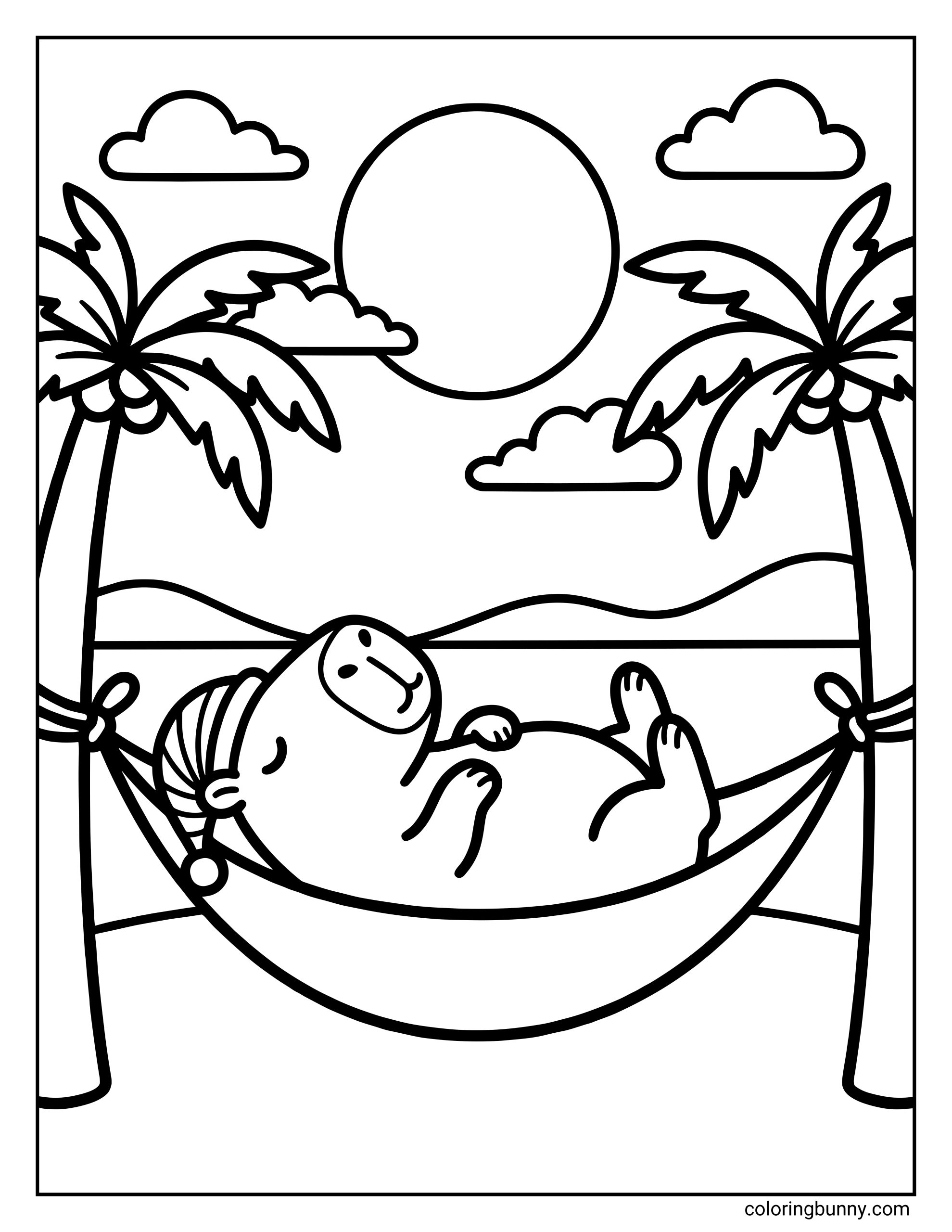 A relaxing capybara coloring page featuring a sleepy capybara lying in a hammock between two palm trees, with clouds, the sun, and calm water in the background creating a peaceful island scene.