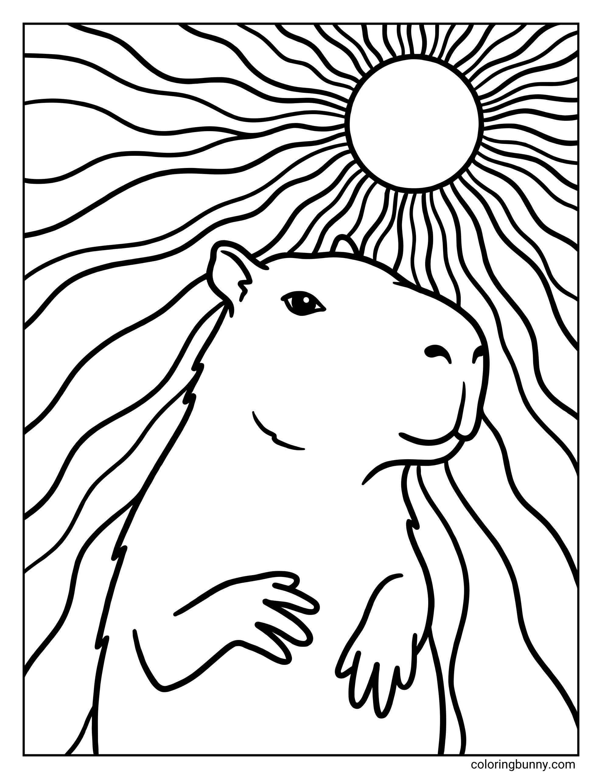 A capybara coloring page featuring a peaceful capybara standing beneath a bright sun with flowing, wavy rays filling the background, creating a bold and relaxing nature-inspired scene.