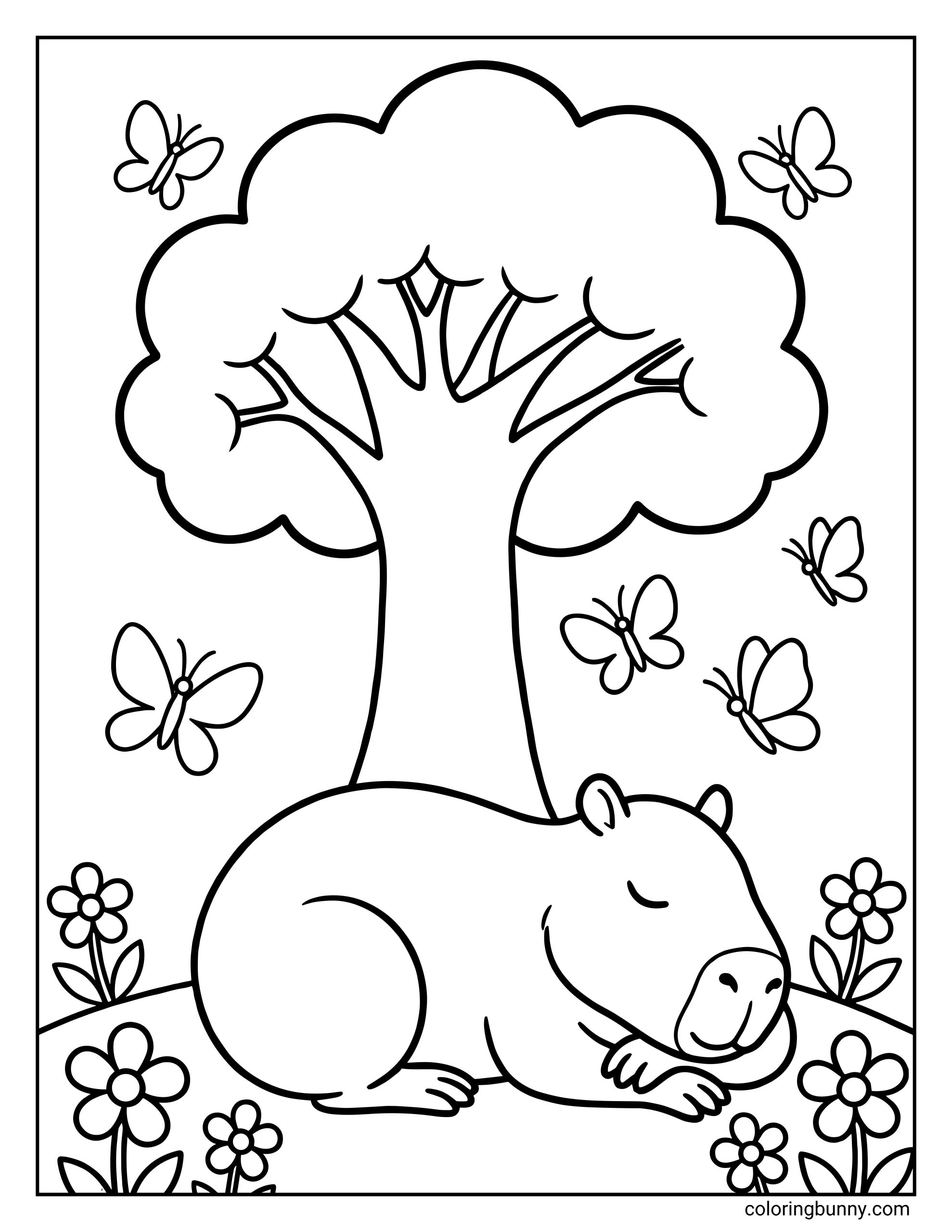 A simple capybara coloring page featuring a sleeping capybara resting beneath a tree, surrounded by flowers and fluttering butterflies, creating a peaceful and gentle nature scene.