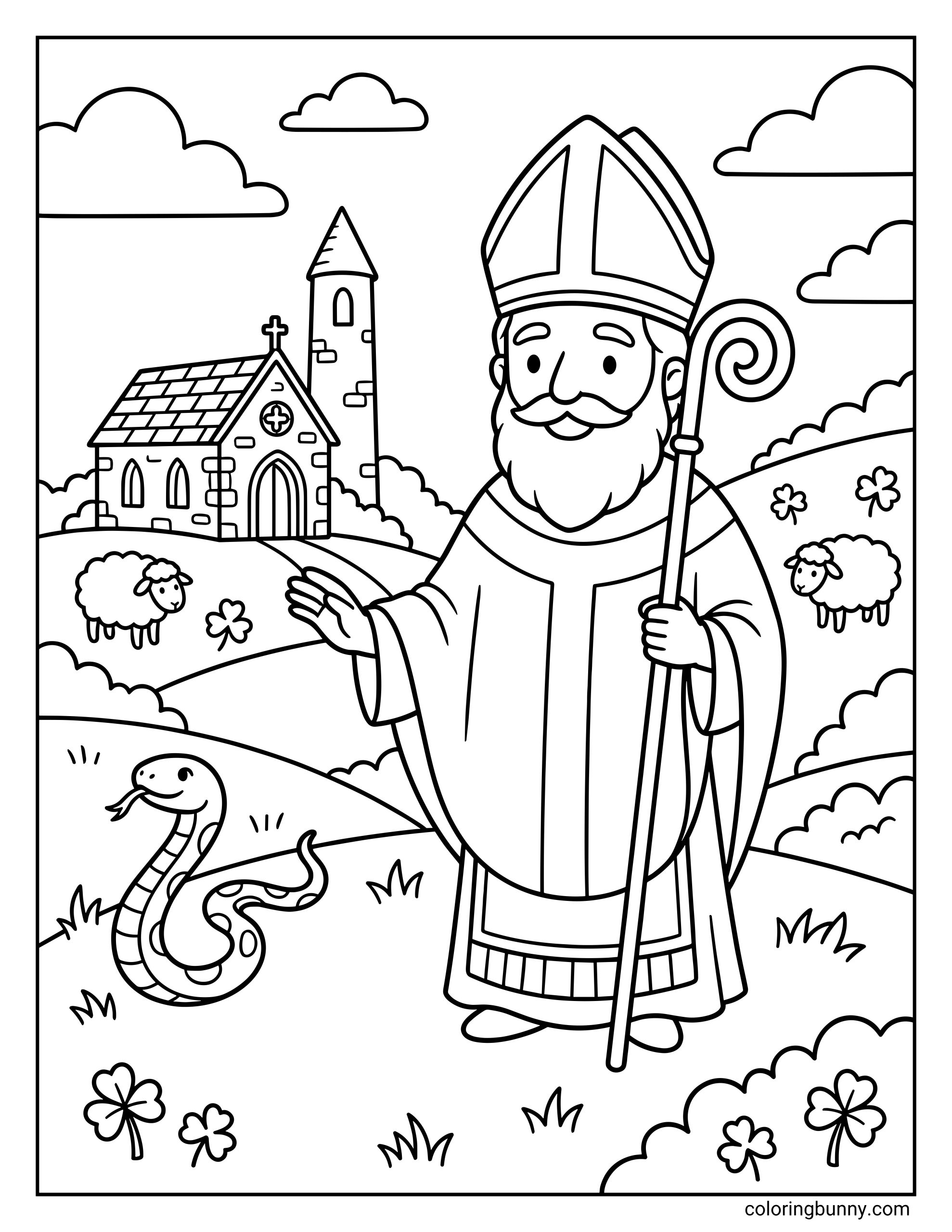 A catholic St. Patrick's Day coloring page of Saint Patrick holding a staff, standing in a rolling Irish countryside with a church and tower in the background, sheep grazing on the hills, shamrocks scattered around, and a friendly snake near his feet.