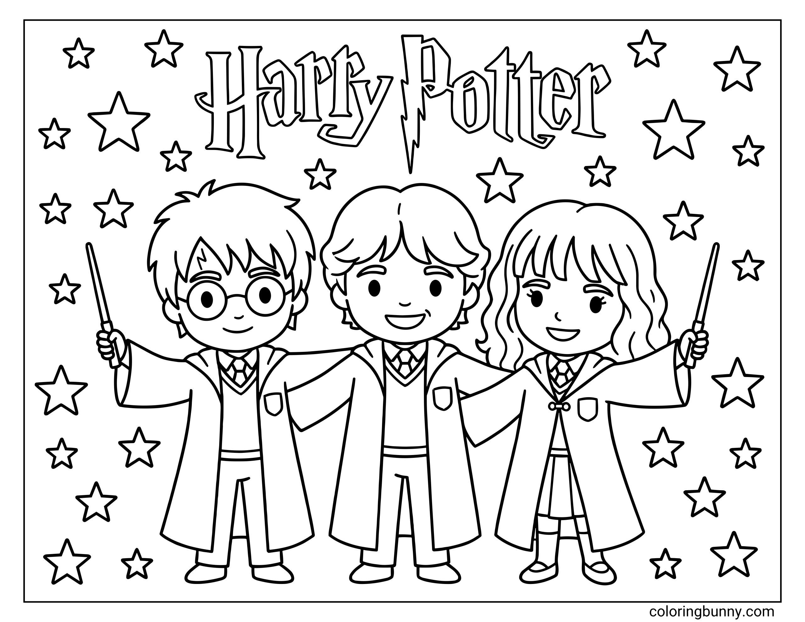 A cute Harry Potter coloring page featuring the "Harry Potter" logo above adorable chibi versions of Harry, Ron, and Hermione standing together. Harry and Hermione hold their wands up while surrounded by twinkling stars.