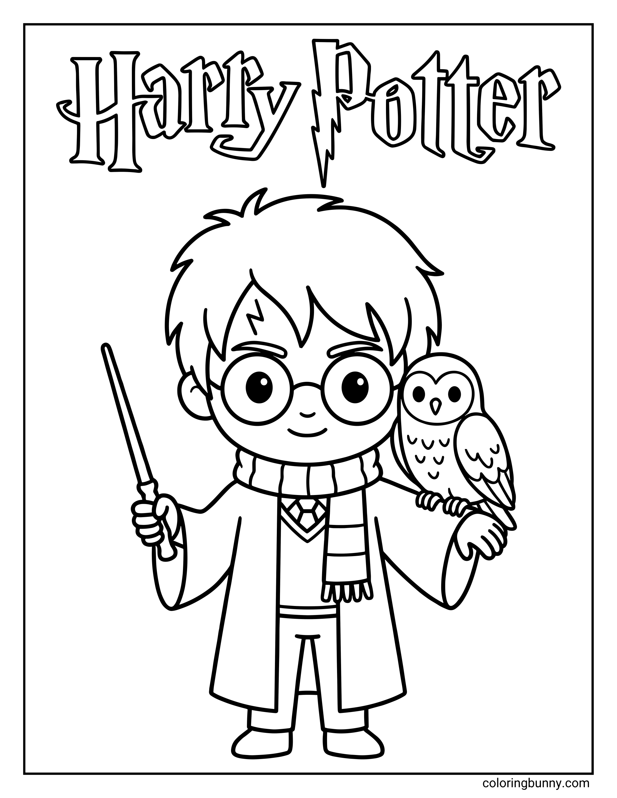A cute chibi Harry Potter coloring page featuring Harry with round glasses, lightning scar, scarf, wand, and his owl Hedwig perched on his arm, with “Harry Potter” written at the top.