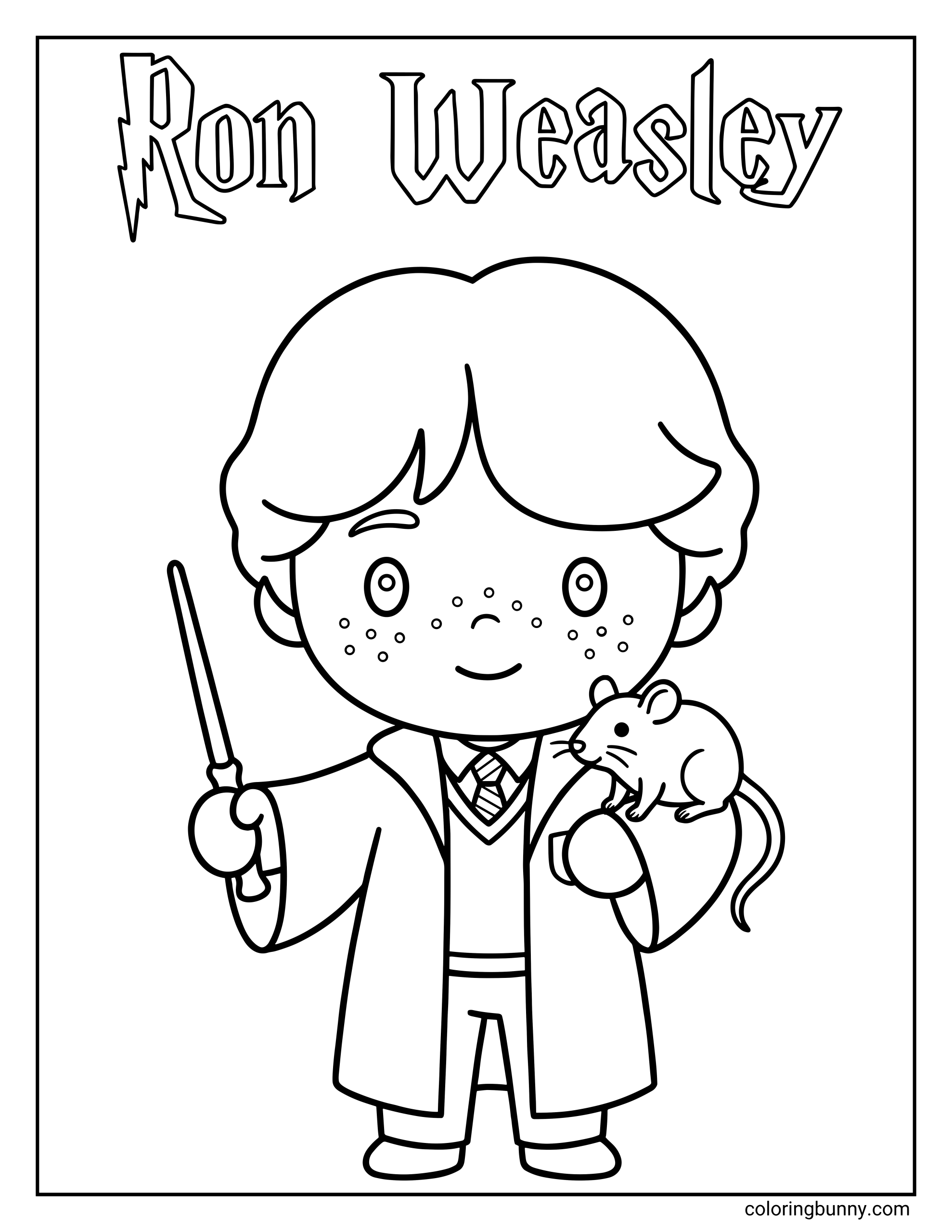 A cute chibi Ron Weasley coloring page featuring the young wizard holding a wand while his pet rat Scabbers sits on his arm. He wears school robes and smiles. His name, “Ron Weasley,” is written at the top in magical lettering.
