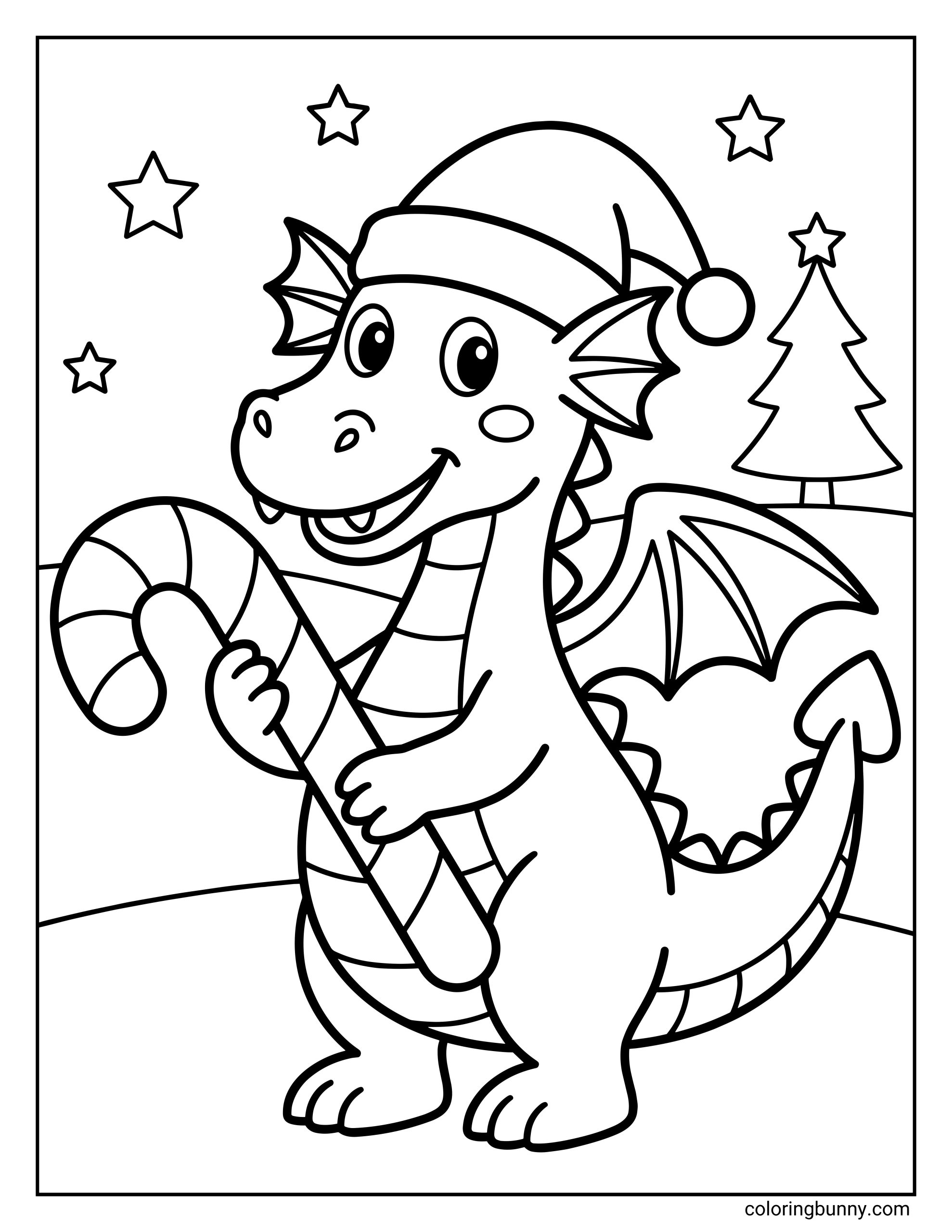 A Christmas dragon coloring page featuring a cute dragon wearing a Santa hat and holding a candy cane, with a Christmas tree and stars in the background.