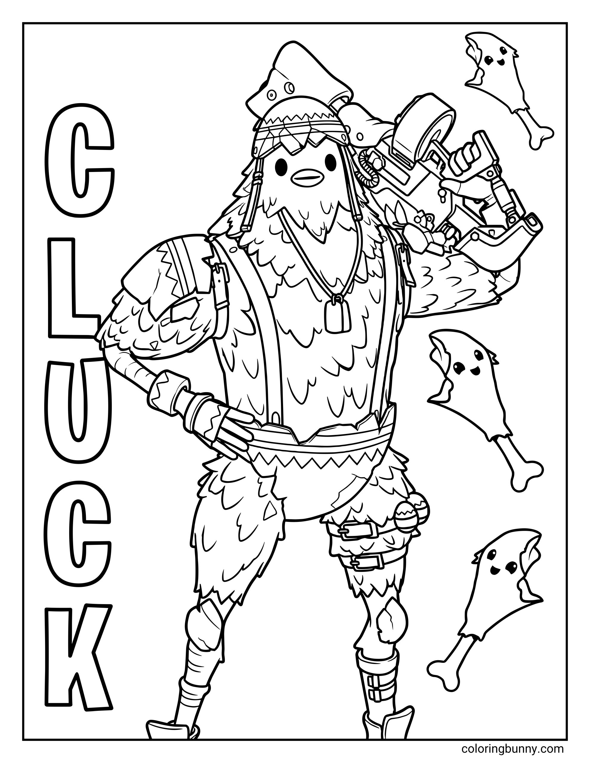 A Fortnite coloring sheet of Cluck holding a heavy weapon over his shoulder, surrounded by cute floating drumsticks and his name "CLUCK."