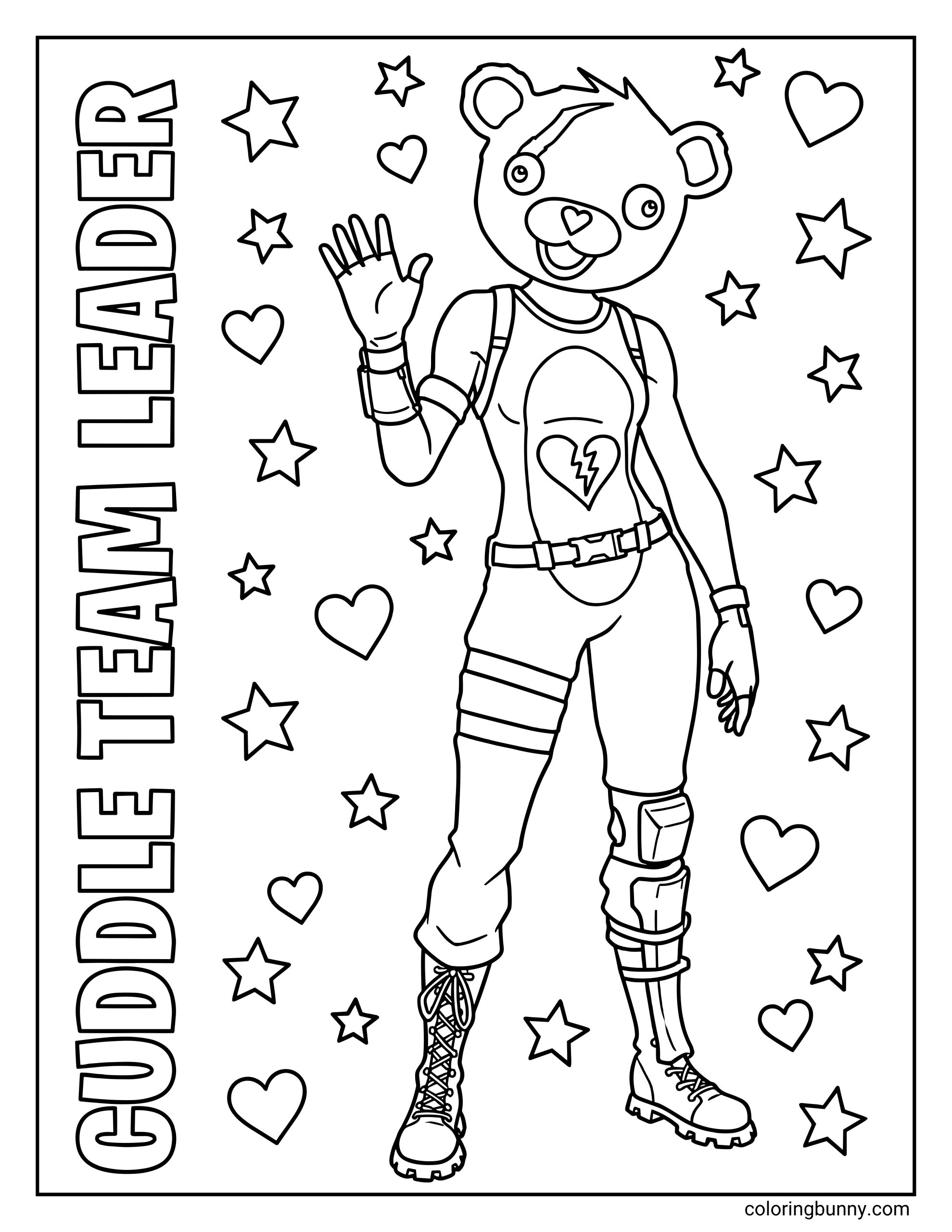 A coloring sheet depicting the Fortnite character Cuddle Team Leader waving, with the text "CUDDLE TEAM LEADER" running down the side amidst a background of stars and hearts.