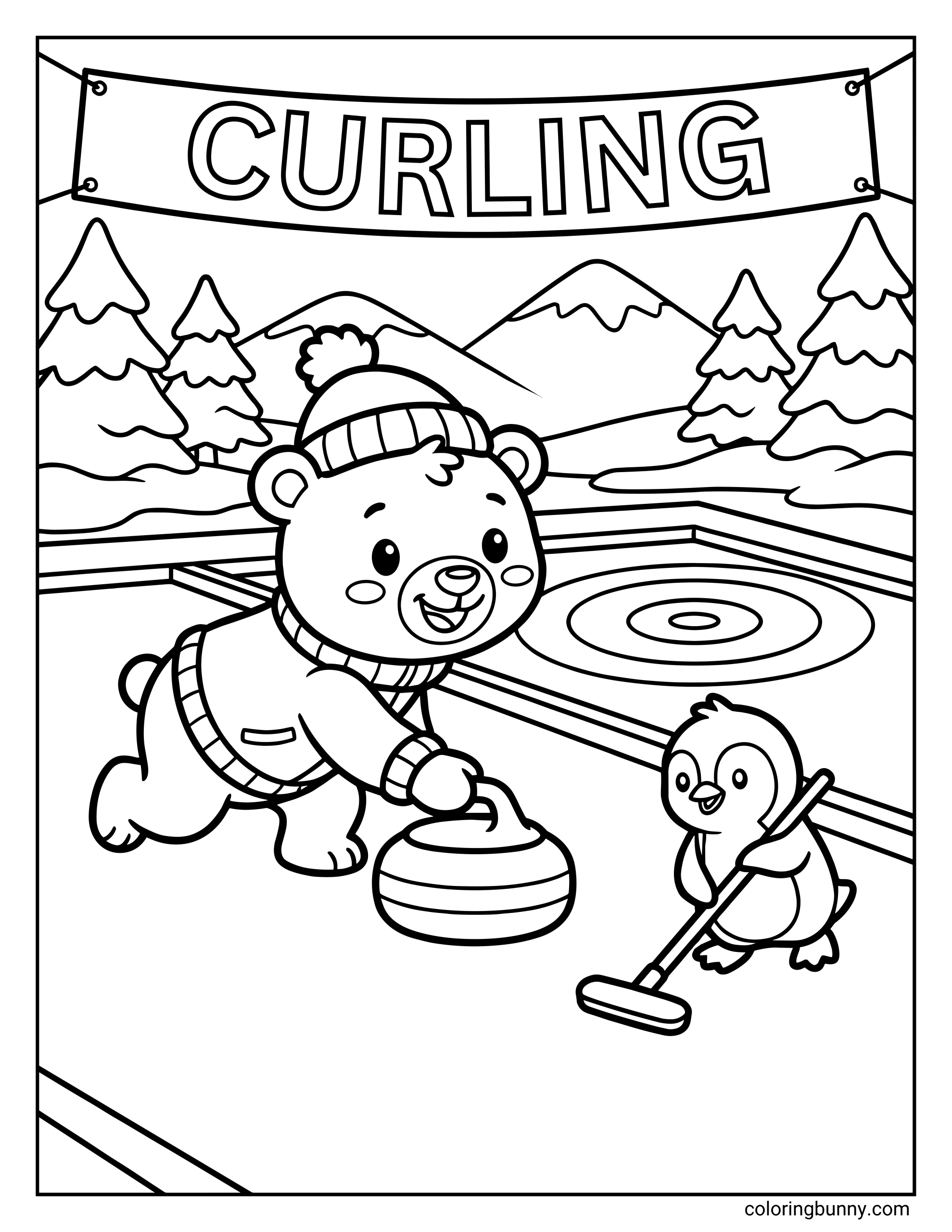 A cute Winter Olympics curling coloring page featuring a smiling bear wearing a winter hat and sweater sliding a curling stone on the ice, while a small penguin sweeps with a broom. Snowy mountains, pine trees, and a “Curling” banner appear in the background.