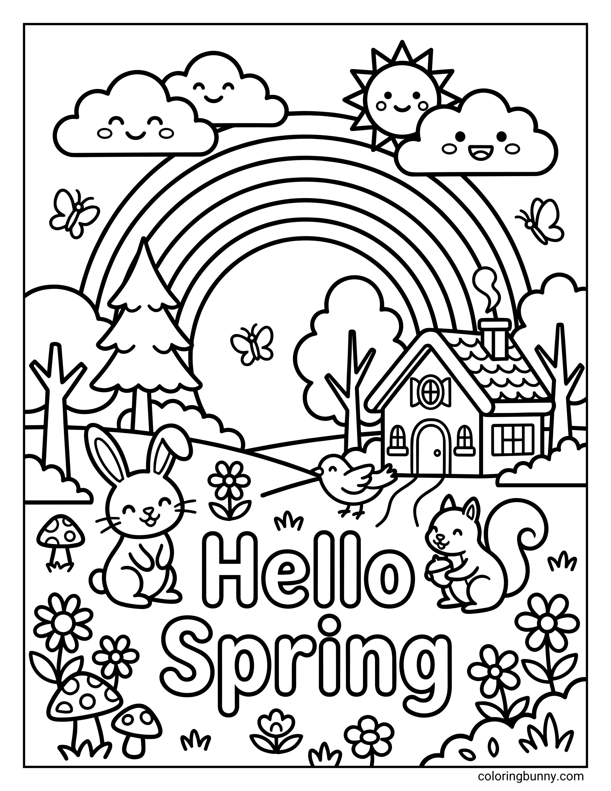 A cute Spring coloring sheet with the text "Hello Spring" below a landscape with a rainbow, a cozy cottage, a rabbit, a squirrel holding an acorn, and a singing bird.