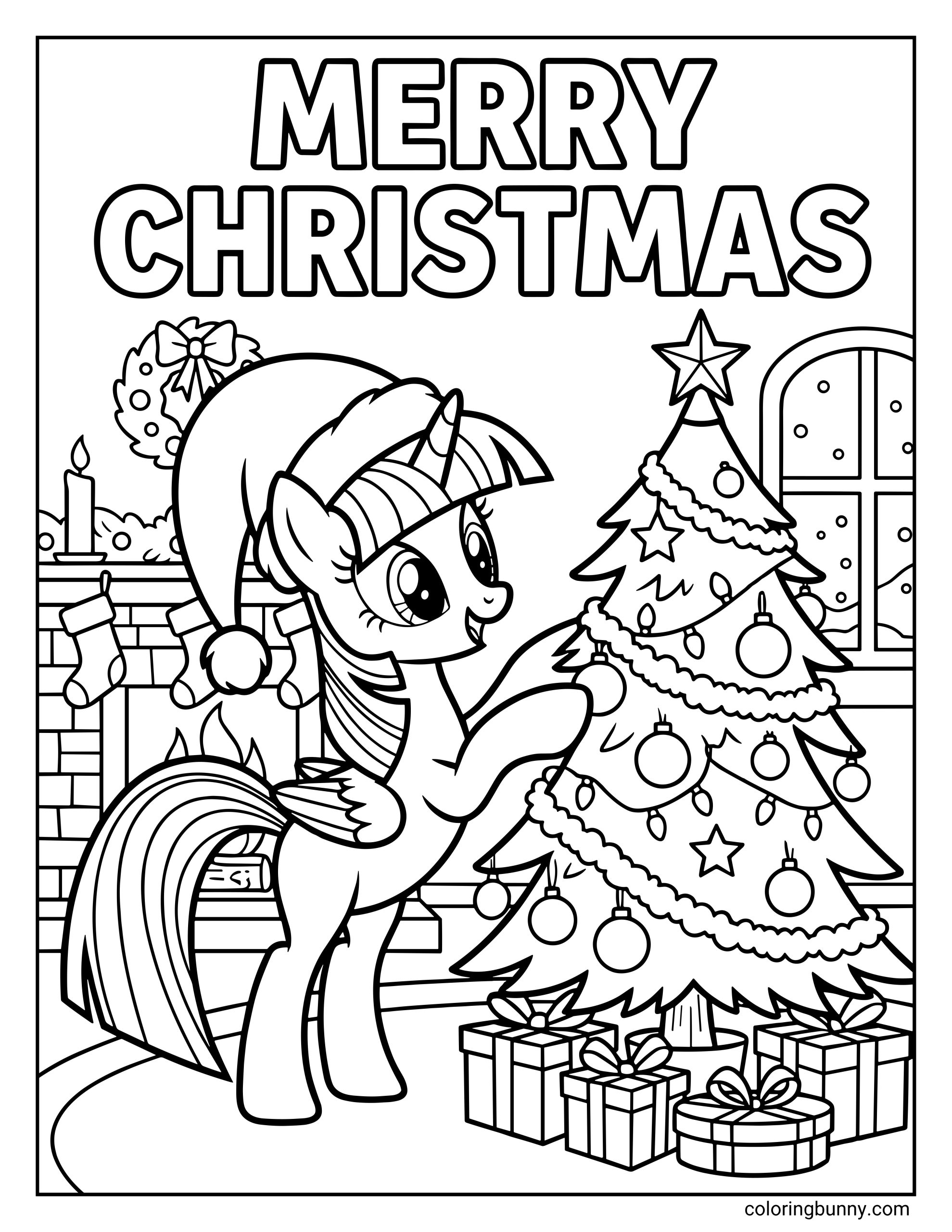 My Little Pony Christmas coloring page featuring Twilight Sparkle wearing a Santa hat while decorating a Christmas tree surrounded by ornaments, presents, a fireplace, and holiday decorations
