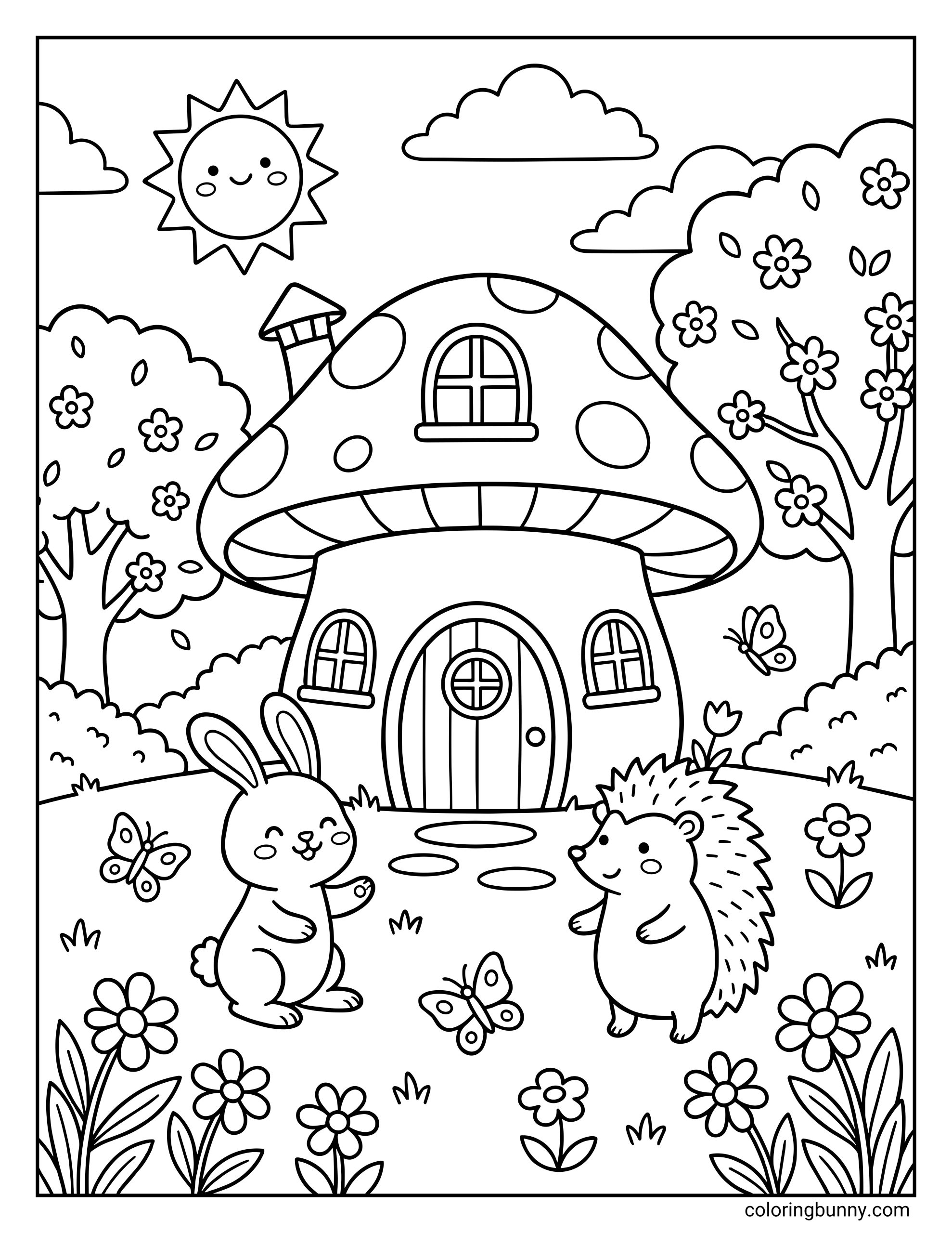 A Spring coloring page featuring a large mushroom house with a rabbit and a hedgehog standing in front, surrounded by trees, flowers, butterflies, and a smiling sun.