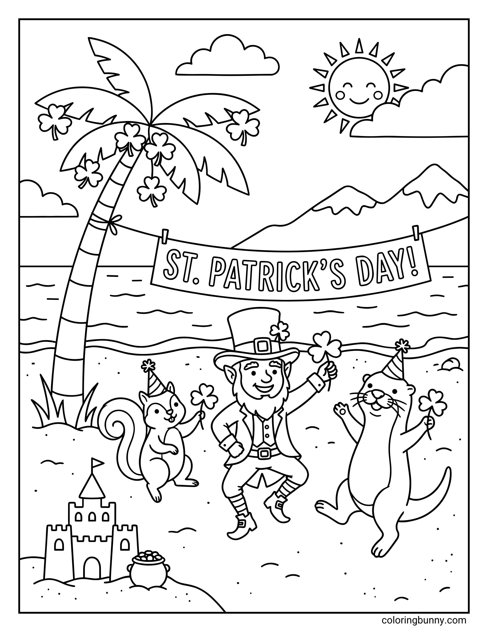 A fun St. Patrick's Day coloring page of a leprechaun dancing on a beach with a happy squirrel and playful otter wearing party hats, surrounded by clovers, a palm tree, ocean waves, distant mountains, a sandcastle, and a festive St. Patrick’s Day banner