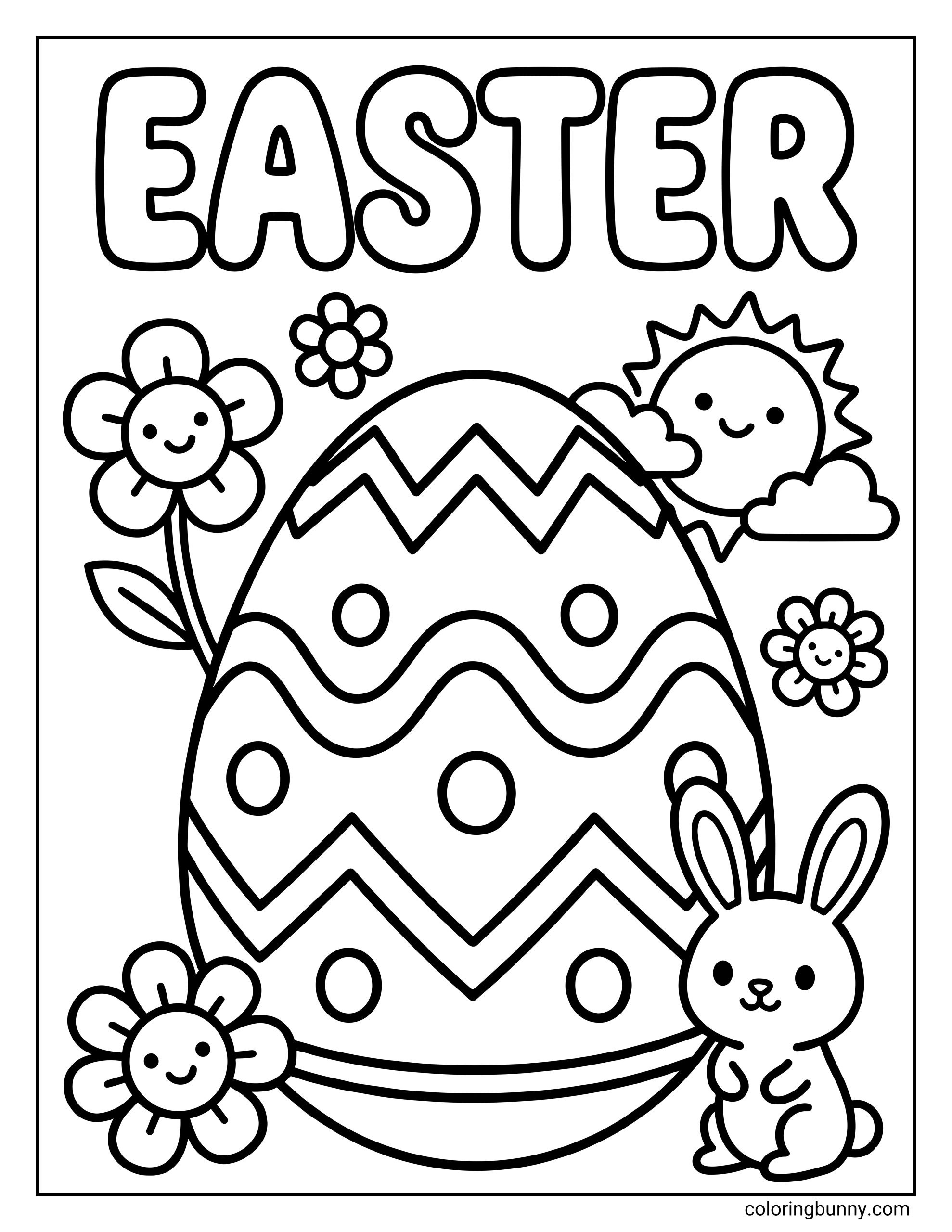 A simple Easter coloring page featuring the text "EASTER" above a giant decorated egg, a small rabbit, smiling flowers, and a happy sun.