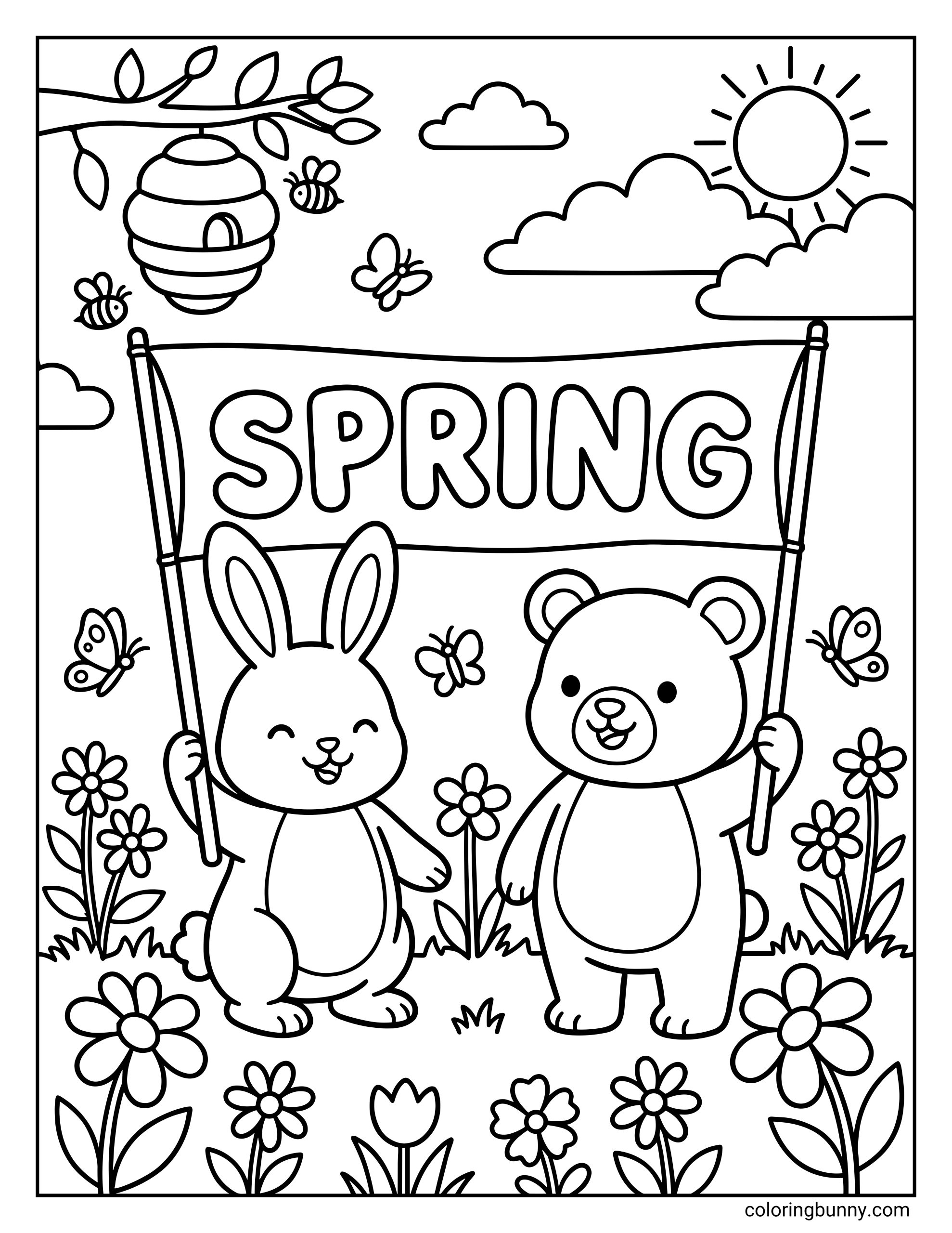 A coloring sheet of a rabbit and a bear holding a "SPRING" banner, surrounded by a beehive, bees, butterflies, flowers, and a smiling sun.