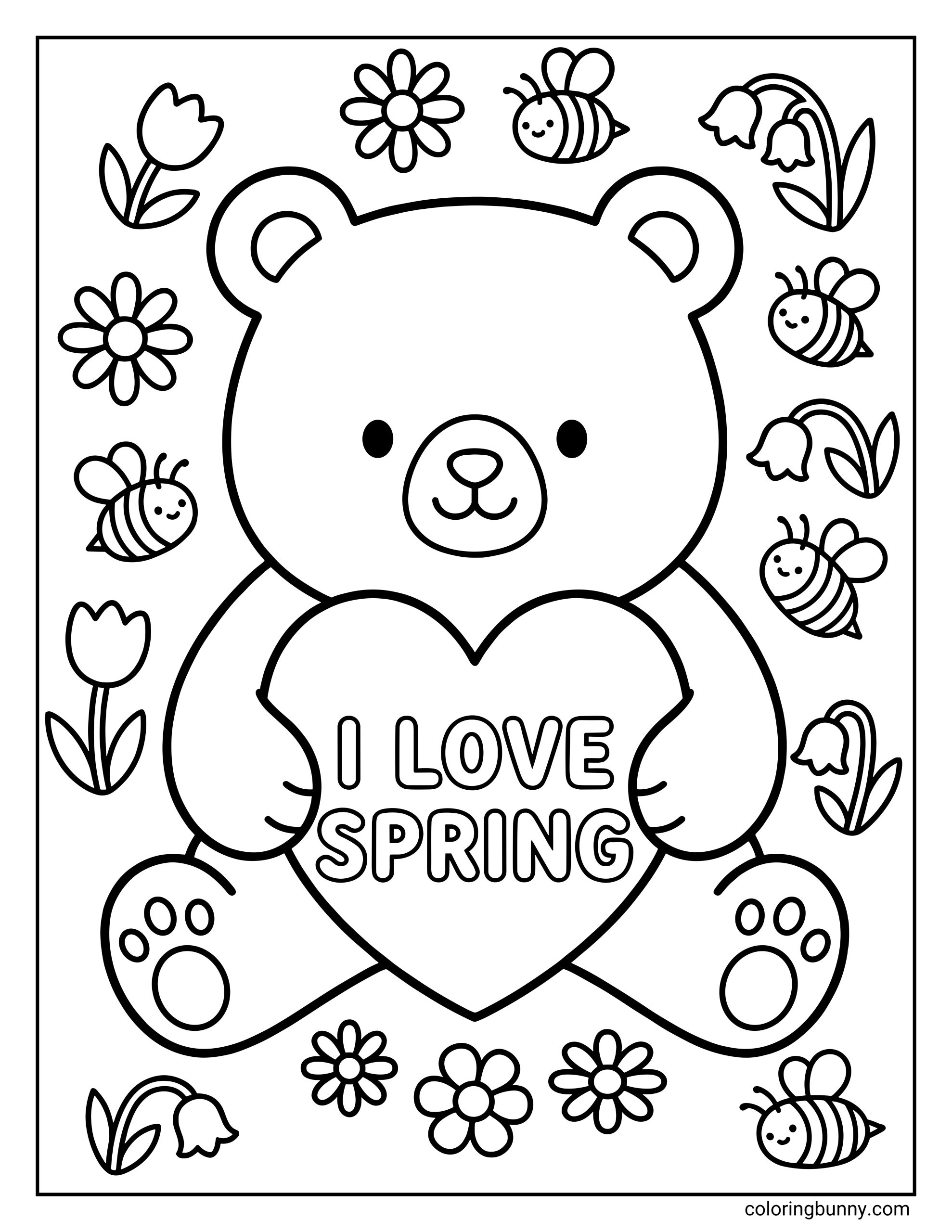 A cute Spring coloring page featuring a bear holding a heart that says "I LOVE SPRING," surrounded by bees, tulips, and daisies.