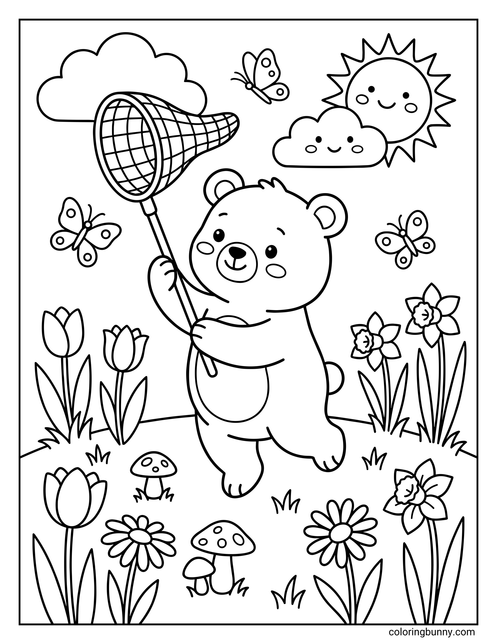 A Spring coloring page featuring a bear holding a net to catch butterflies, surrounded by tulips, daffodils, mushrooms, clouds, and a smiling sun.