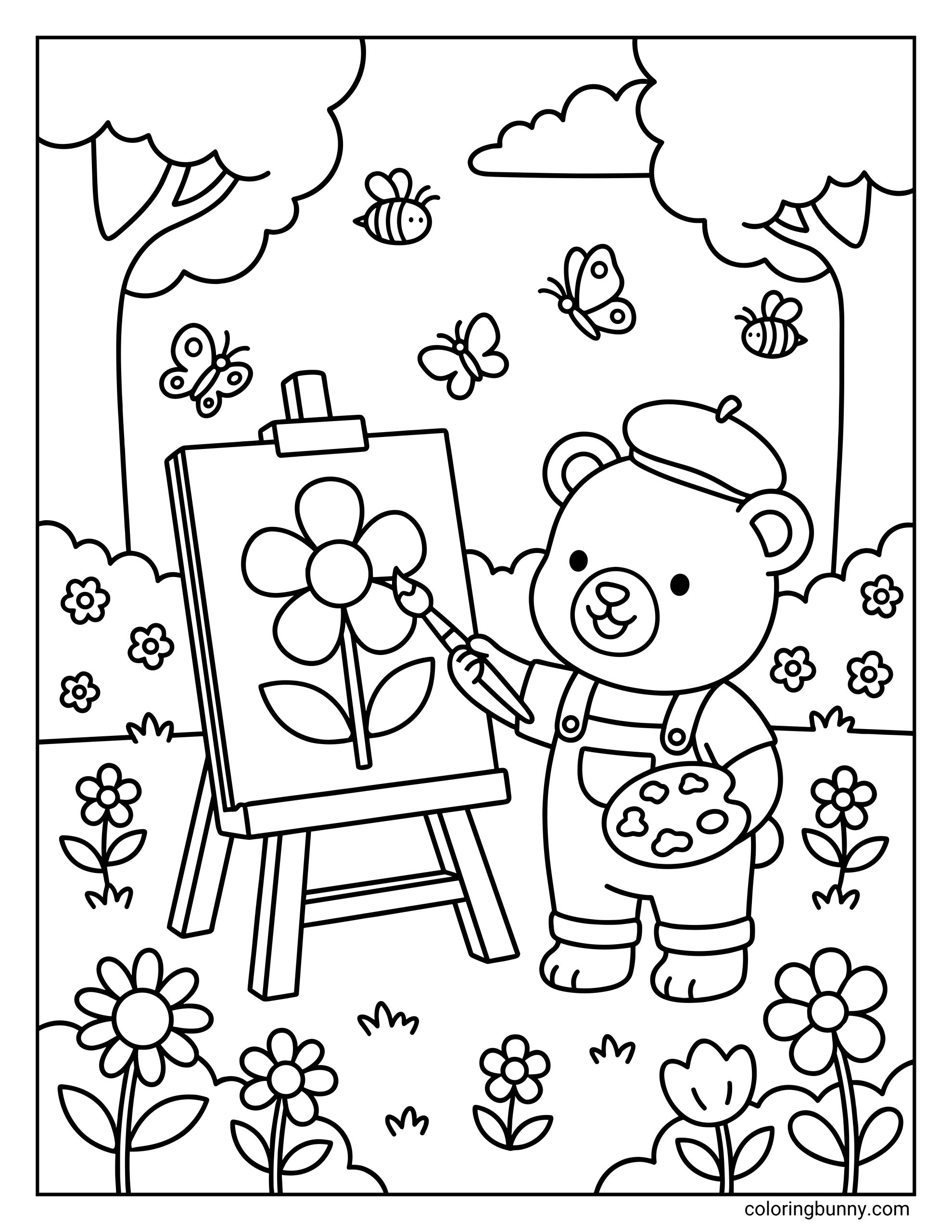 A cute coloring page featuring a bear wearing a beret and overalls, painting a flower on an easel surrounded by bees, butterflies, and trees.
