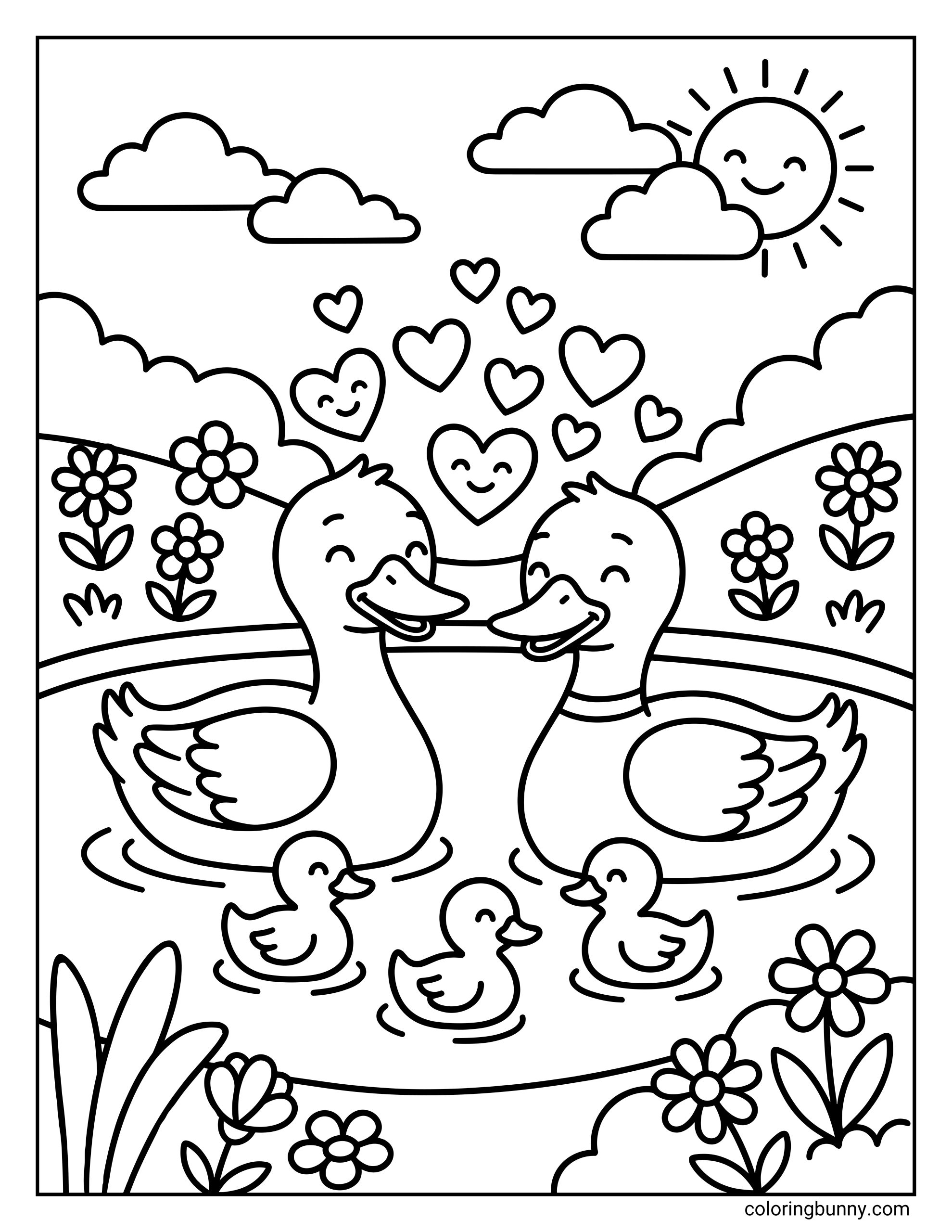 A cute Spring themed coloring page featuring two adult ducks looking at each other with floating hearts between them, while three ducklings swim below in a pond with flowers and a smiling sun.