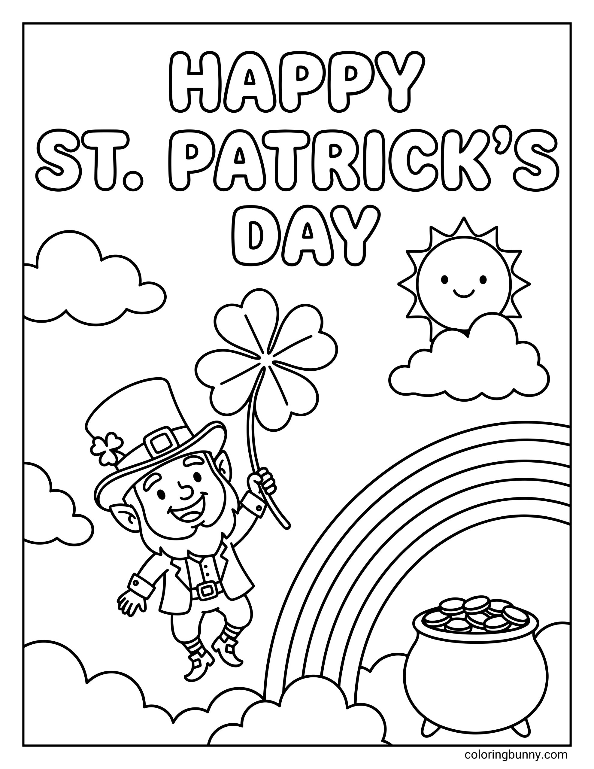 A St. Patrick's Day coloring page of a cheerful leprechaun floating among fluffy clouds, happily holding a large four leaf clover, with a bright rainbow arching across the scene toward a pot of gold, and a smiling sun peeking through the sky