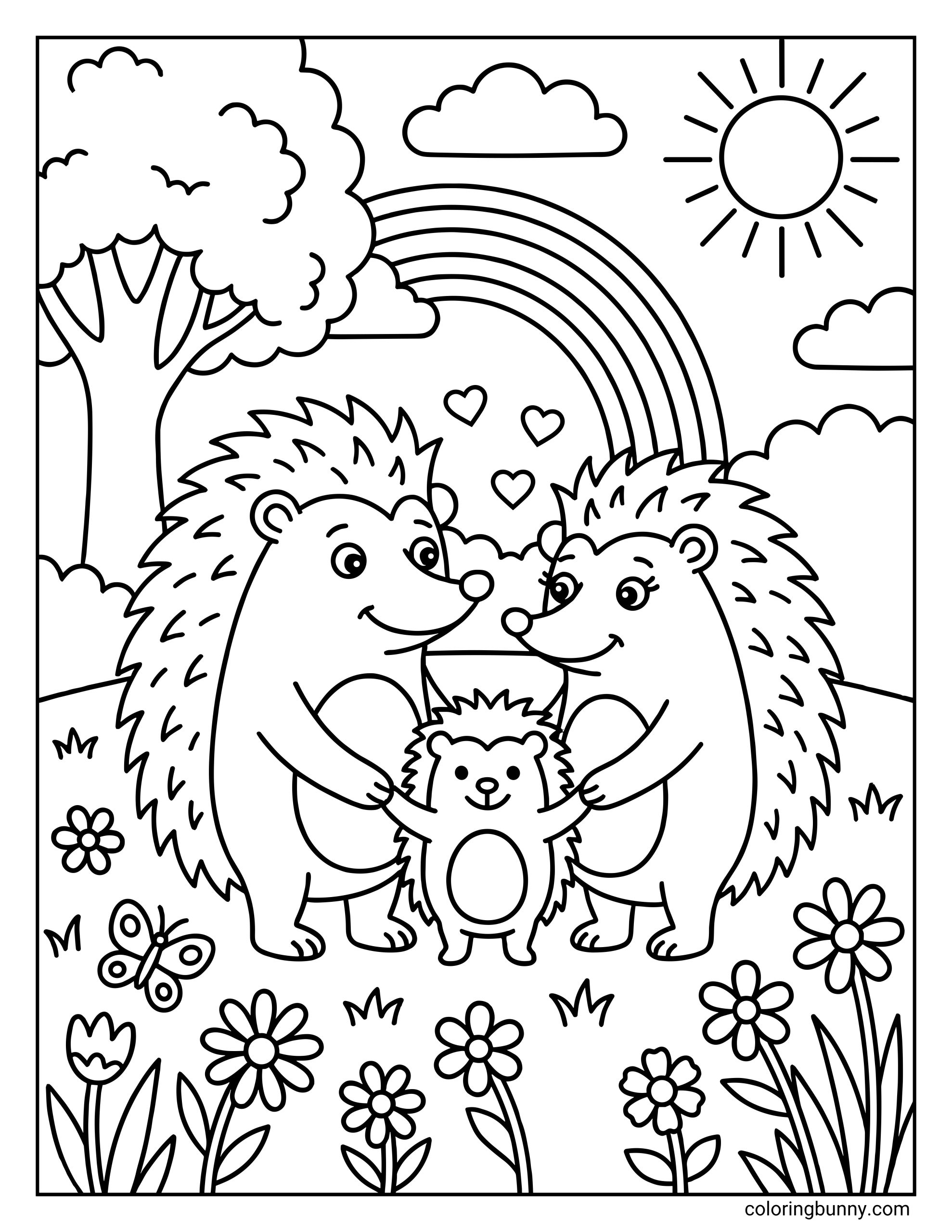 A Spring themed coloring page featuring a family of hedgehogs holding hands under a rainbow, with floating hearts, a tree, and blooming flowers in the background.