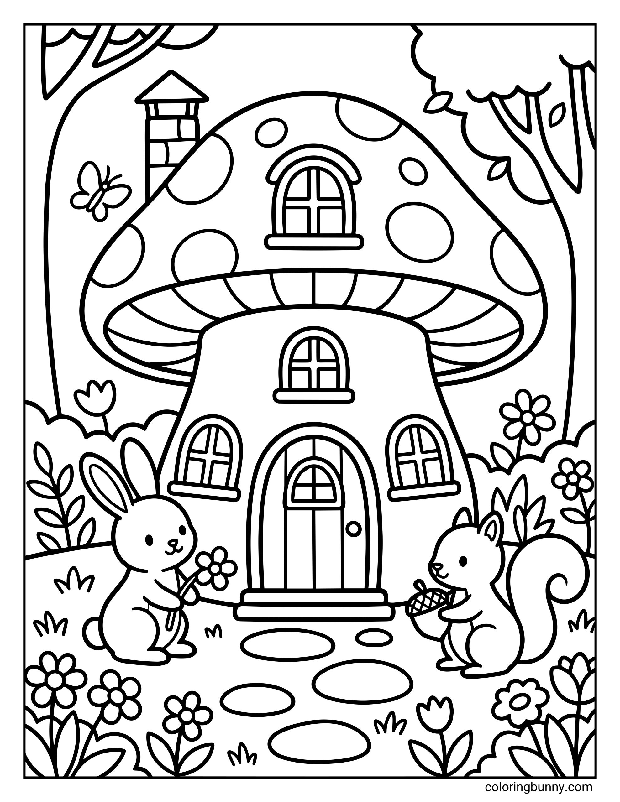 A cute mushroom coloring page featuring a large mushroom house with a chimney, a rabbit holding a flower, and a squirrel holding an acorn.
