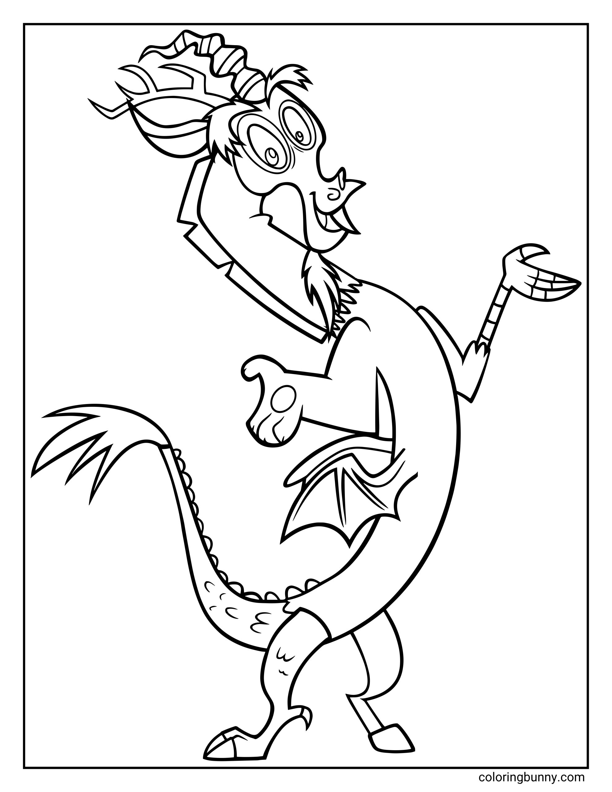 A line-art coloring page of Discord from My Little Pony, standing on his mismatched legs and gesturing theatrically with a playful grin.