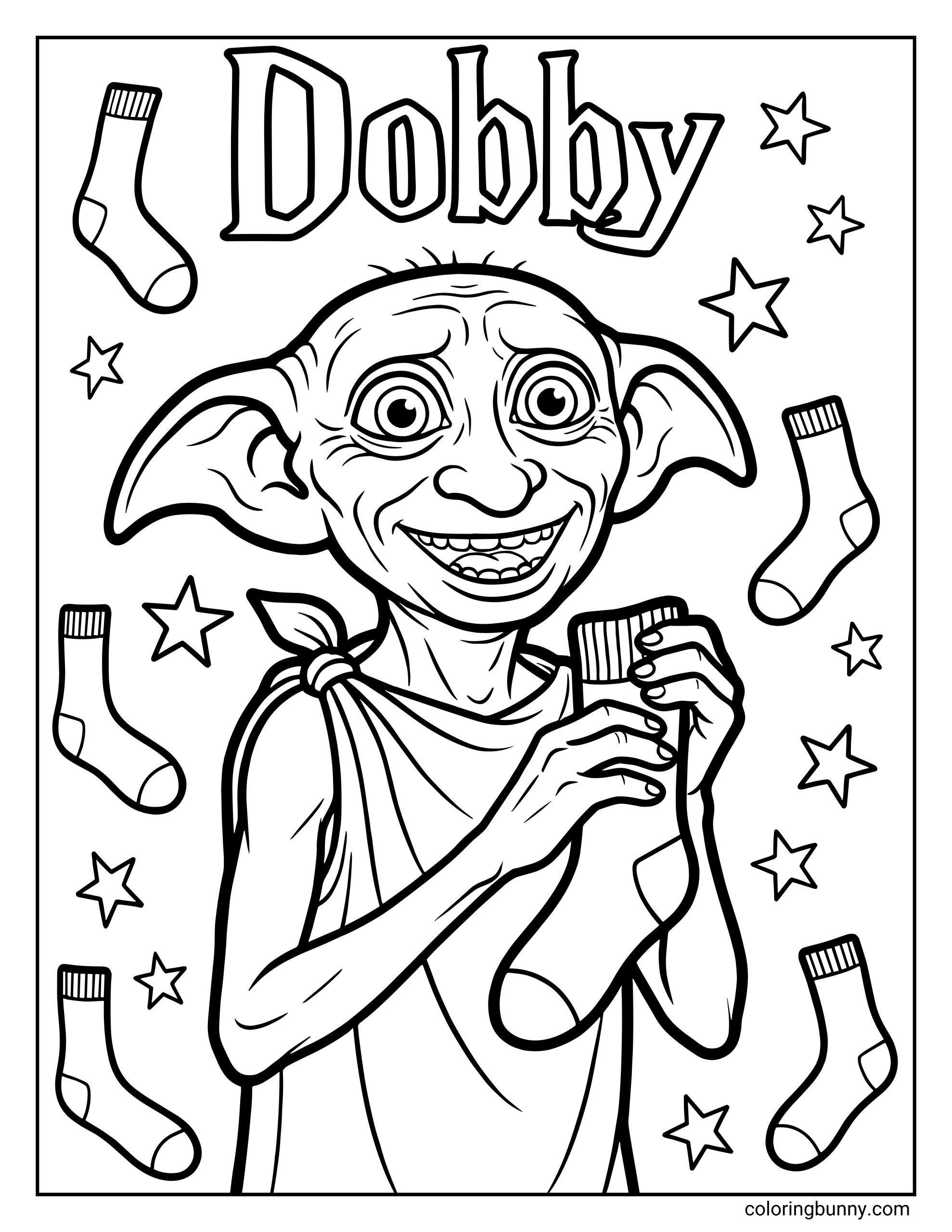 A Dobby coloring page featuring the happy Harry Potter house-elf holding a sock with both hands, surrounded by floating socks and stars, with “Dobby” written at the top.