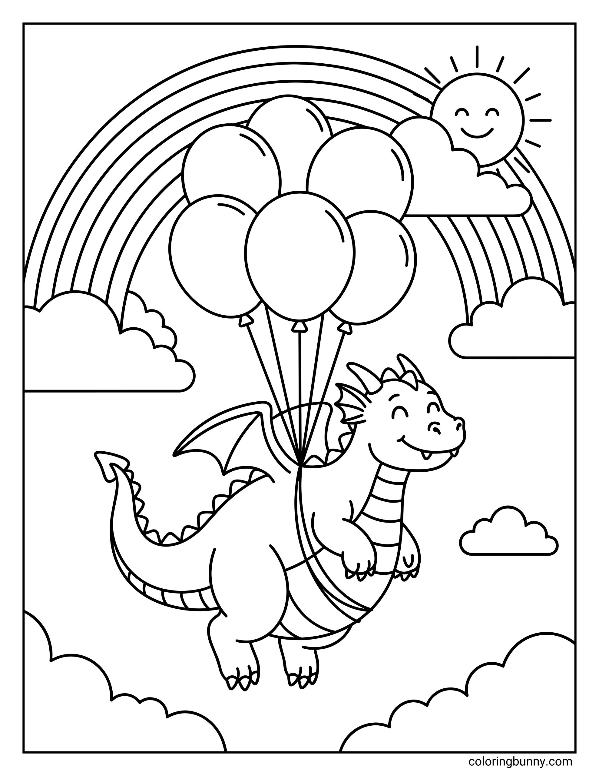 A cute dragon coloring page featuring a smiling dragon floating in the sky while tied to a bunch of balloons, with a rainbow, clouds, and a happy sun in the background.