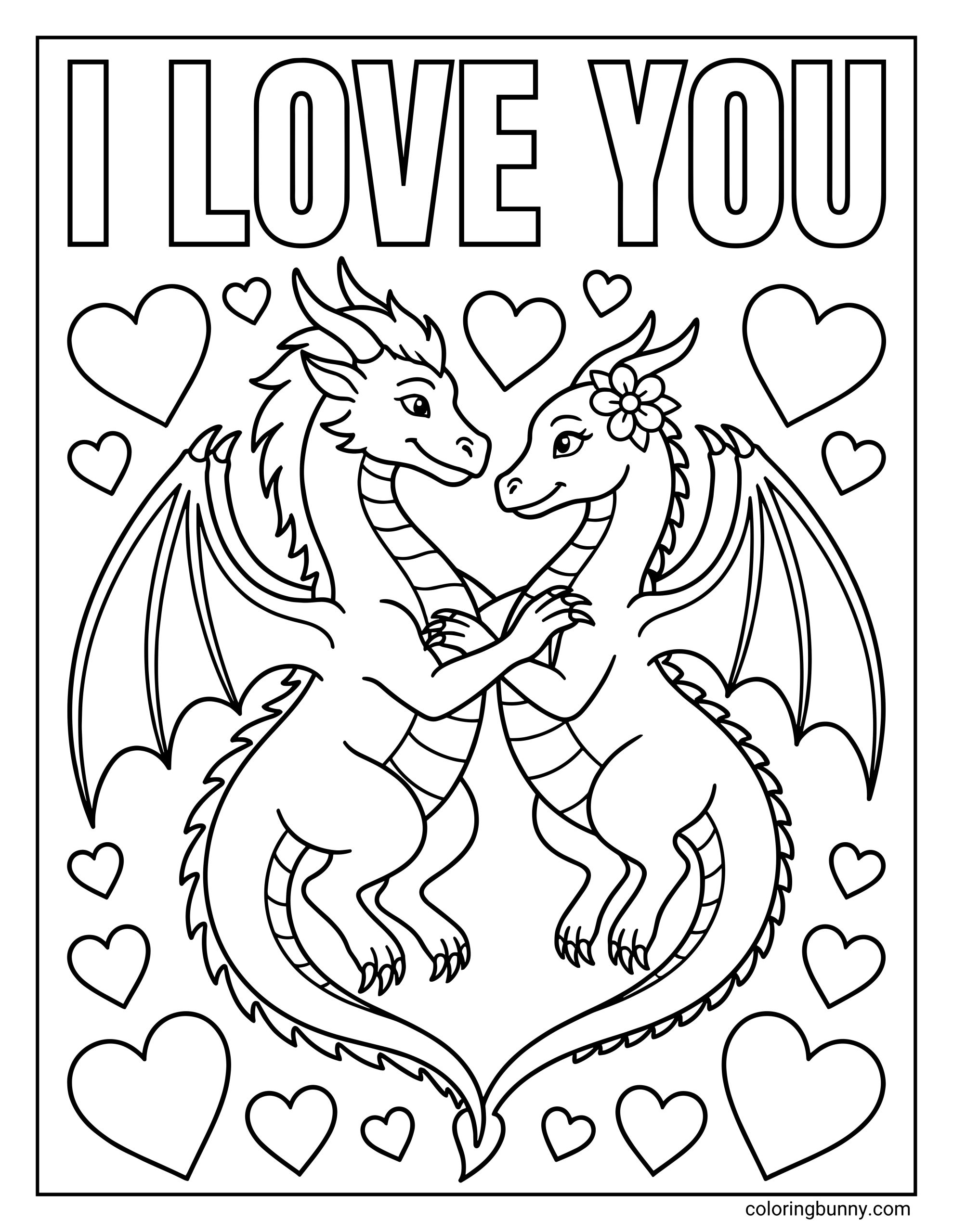 A romantic dragon coloring page featuring two elegant dragons facing each other and holding one another. One dragon has a flower on its head. The words βI LOVE YOUβ appear at the top, surrounded by many floating hearts.