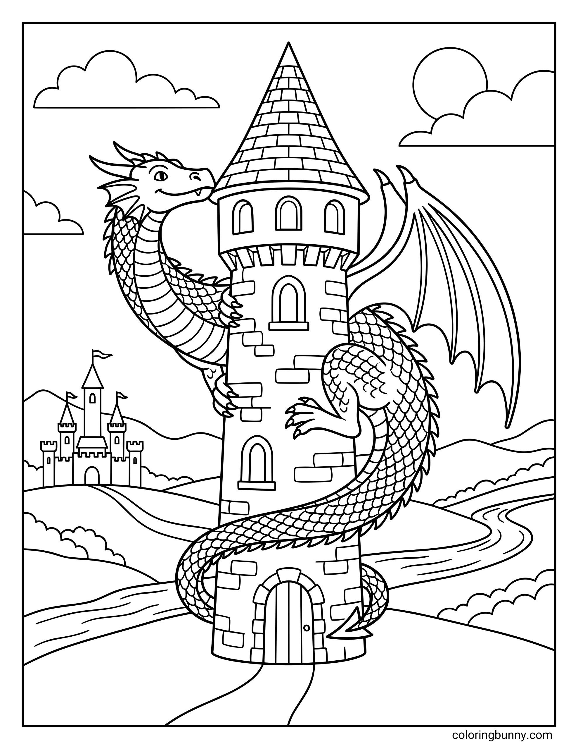 A detailed fantasy dragon coloring page featuring a large dragon wrapped around a tall stone tower, with its wings open, a castle in the distance, and a winding river flowing through the landscape.