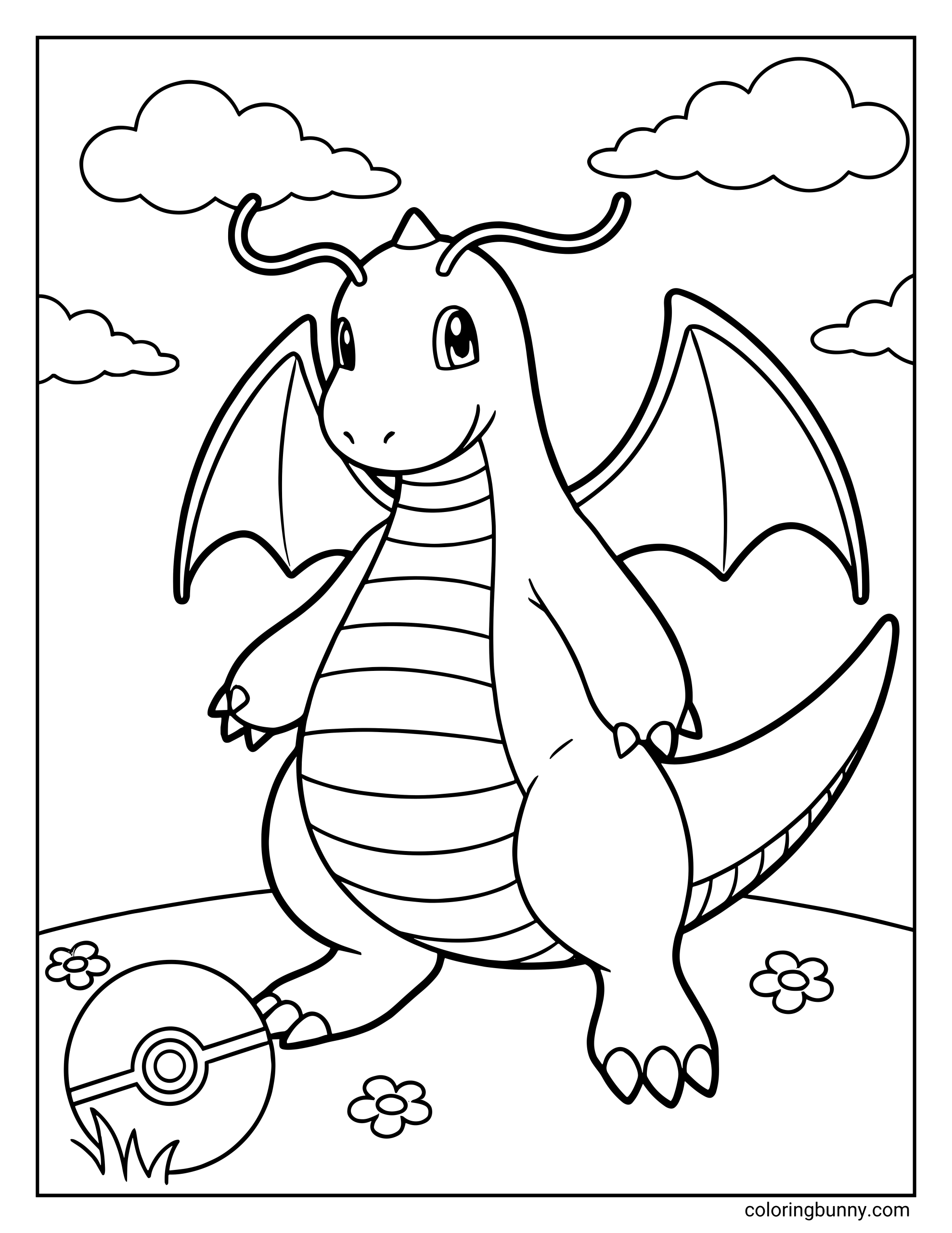 A Dragonite PokΓ©mon coloring page featuring the friendly dragon standing upright with small wings, antennae, and a striped belly. Dragonite is smiling and standing on grassy ground with flowers, clouds in the sky, and a PokΓ© Ball beside its foot.