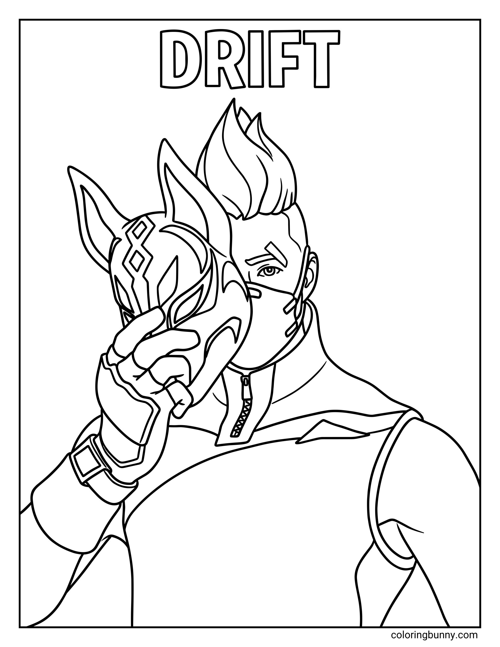 A Fortnite Drift coloring sheet featuring the Fortnite character Drift holding his Kitsune mask over half his face, with the text "DRIFT" at the top.
