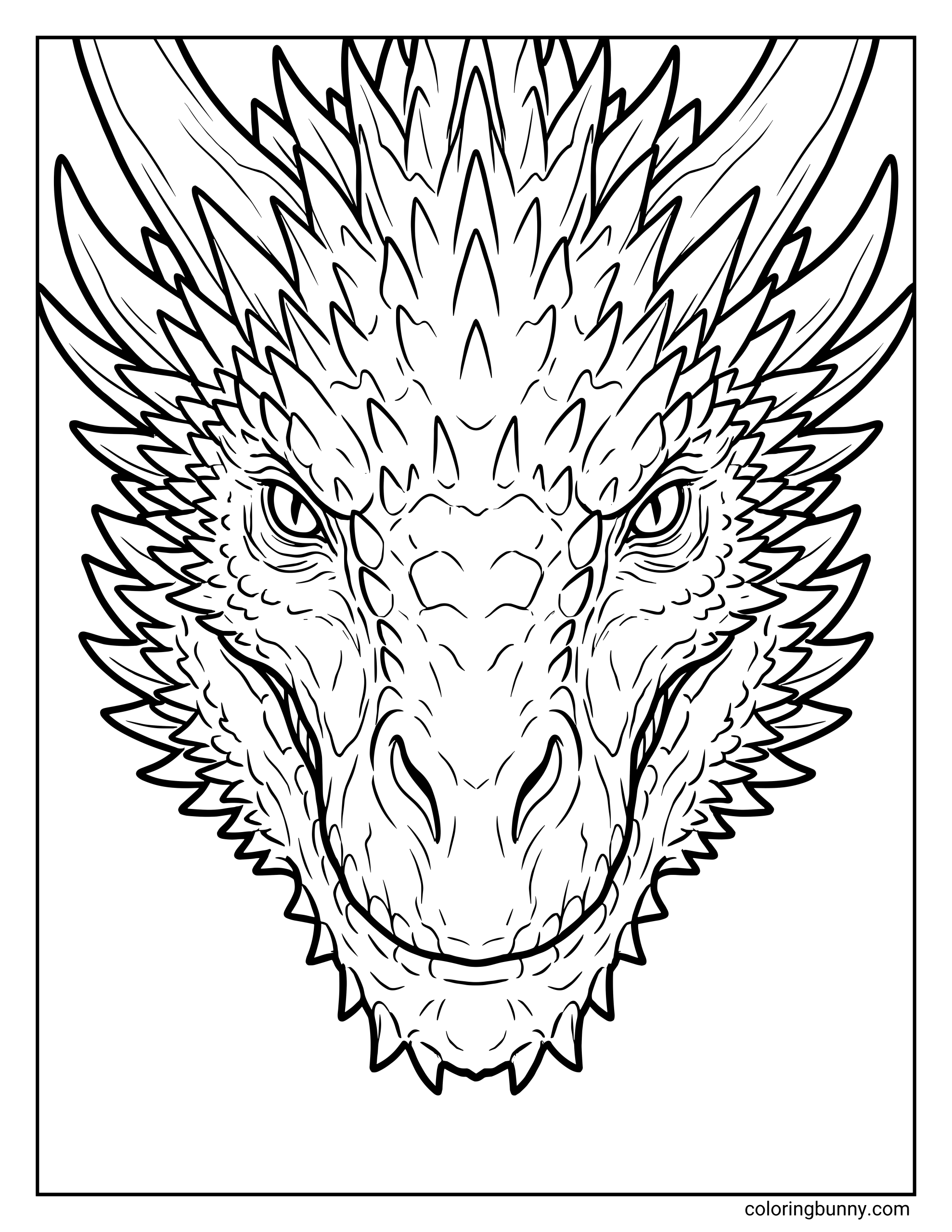 A Game of Thrones coloring page featuring a detailed front view of Drogonβs dragon face. His head is covered in sharp scales, ridges, and horns, with intense eyes and a strong, textured snout. The illustration uses intricate linework and symmetrical detail, creating a realistic fantasy dragon design.