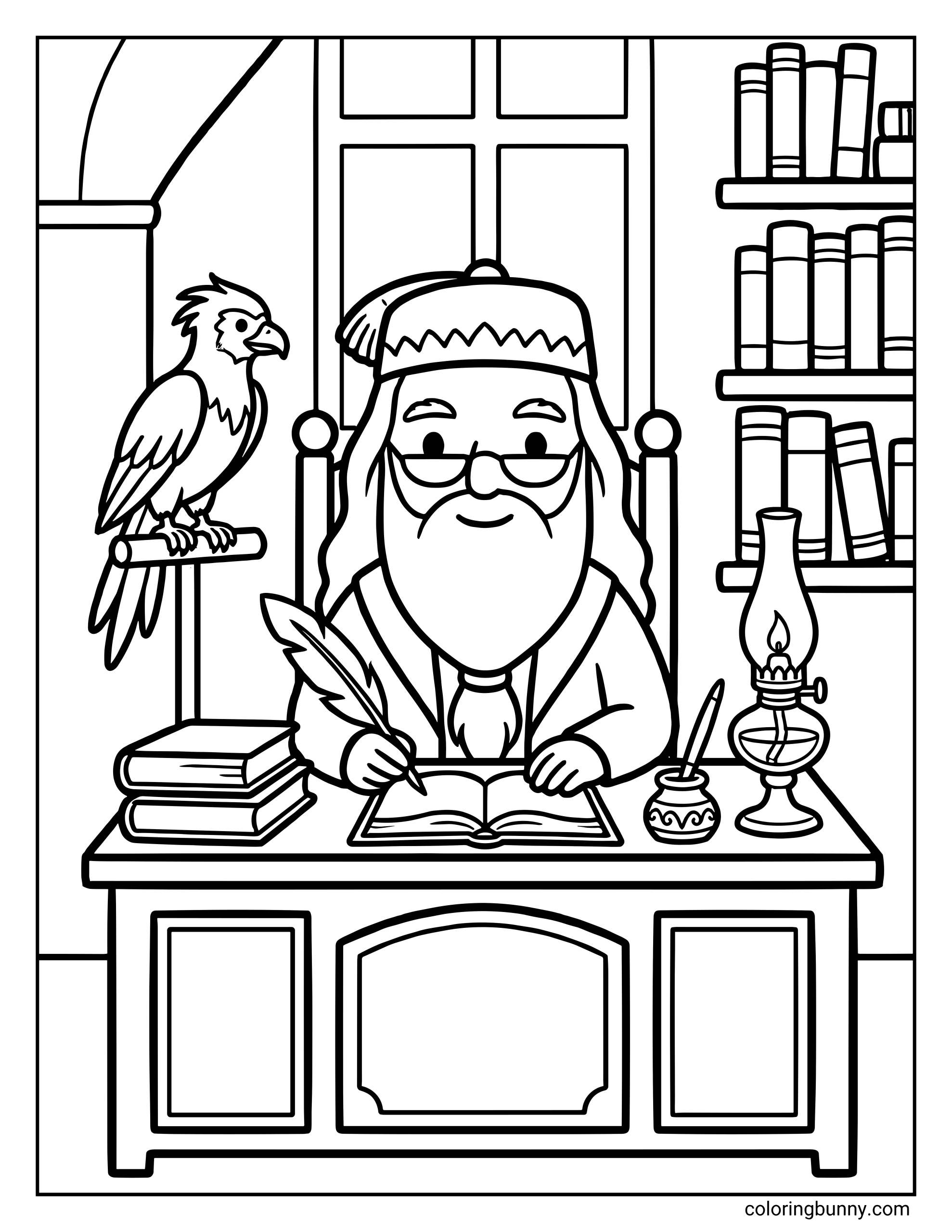 A Dumbledore office coloring page featuring the powerful wizard with glasses and a long beard sitting at his desk while writing in a book with a quill. His Pheonix bird, Fawkes, perches beside him, and shelves of books and a lamp fill the room. The scene shows a peaceful moment in a magical office.