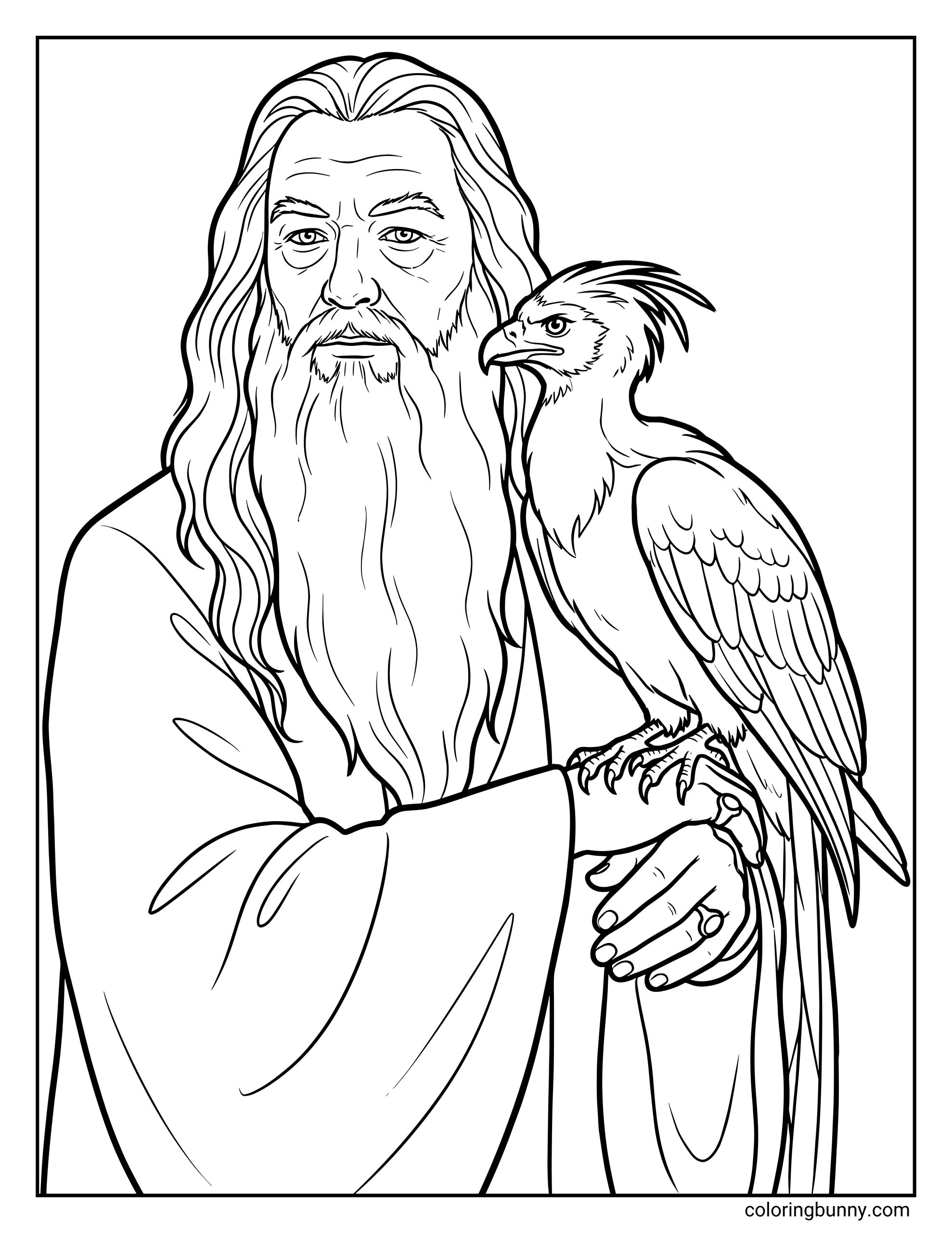 A detailed Albus Dumbledore coloring page featuring the wise wizard with his long beard holding Fawkes the phoenix perched on his arm.