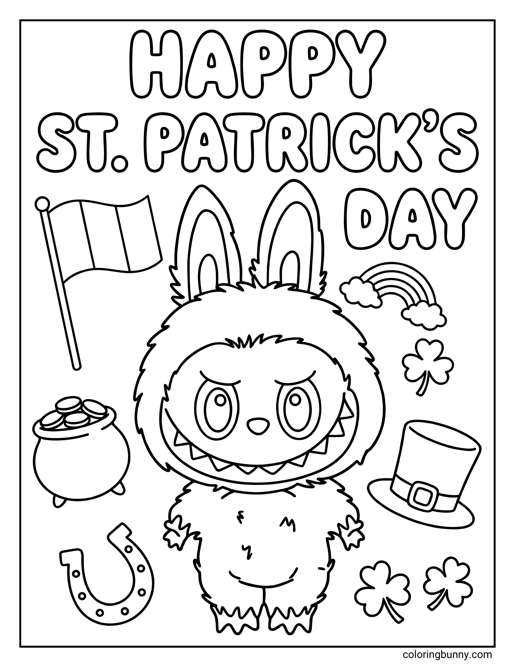 Cute Labubu St. Patrick’s Day coloring page featuring Labubu standing in the center, surrounded by a pot of gold, horseshoe, shamrocks, rainbow, Irish flag, leprechaun hat, and large “Happy St. Patrick’s Day” text at the top.