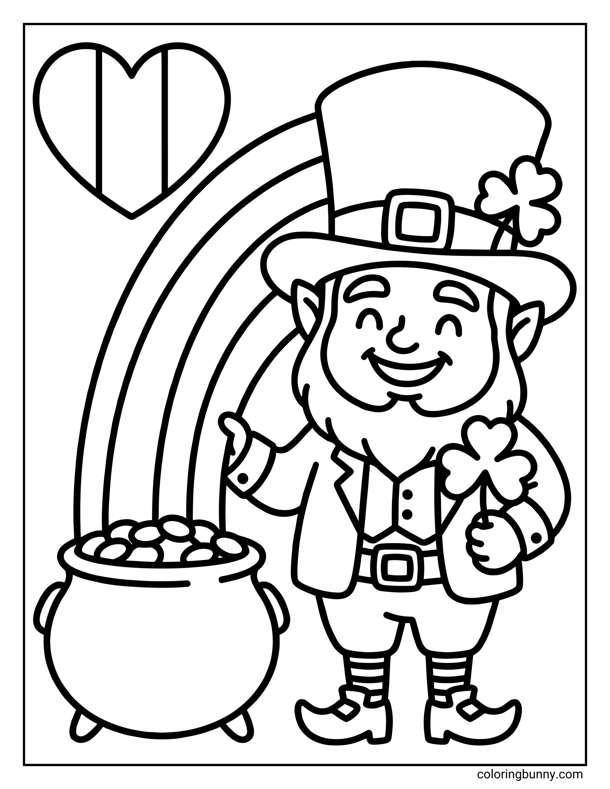 A simple coloring page of a smiling St. Patrick’s Day leprechaun standing beside a pot of gold and a curved rainbow, holding a shamrock, illustrated with bold clean outlines and a friendly cartoon style.