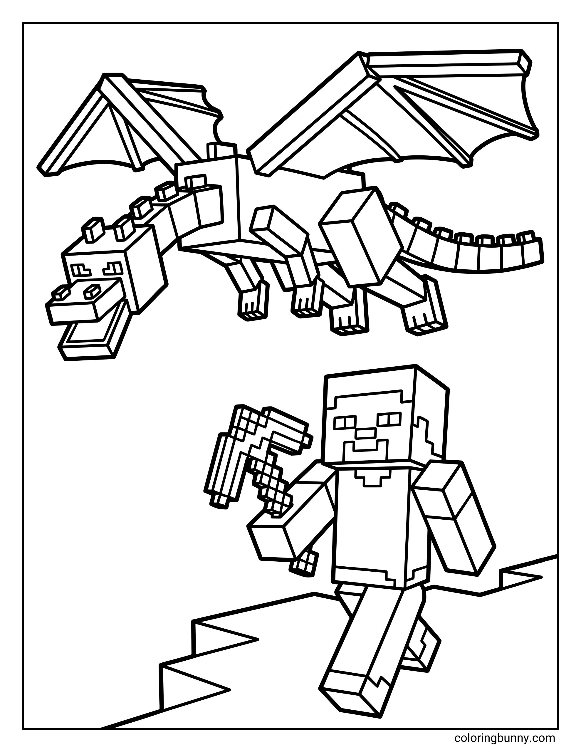 A Minecraft coloring page featuring the Ender Dragon flying overhead with its large blocky wings spread and segmented body. Below, Steve is running while holding a pixelated pickaxe, standing on a blocky cliff. Both characters are drawn in the iconic square, pixel-style design from Minecraft, with clean outlines perfect for coloring.