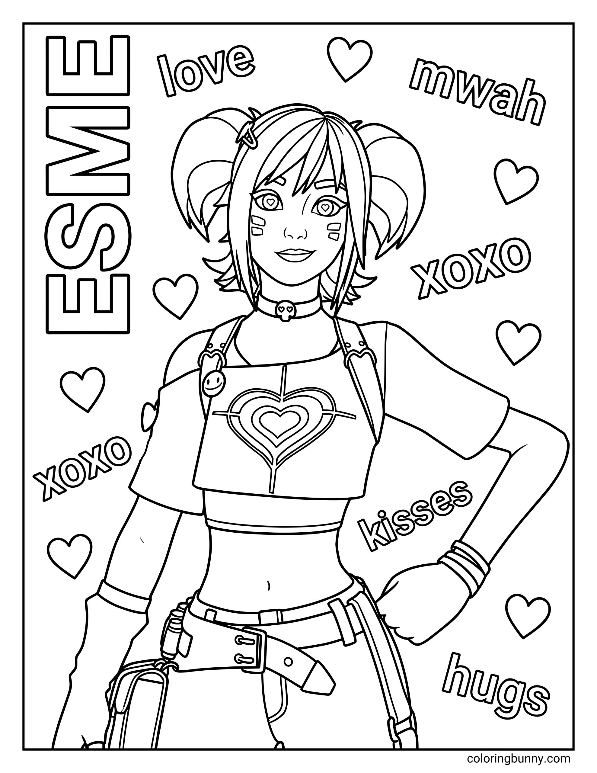 A Fortnite coloring page of the character Esme wearing a heart-themed outfit and pigtails, surrounded by floating hearts and words like "love," "XOXO," and "hugs."