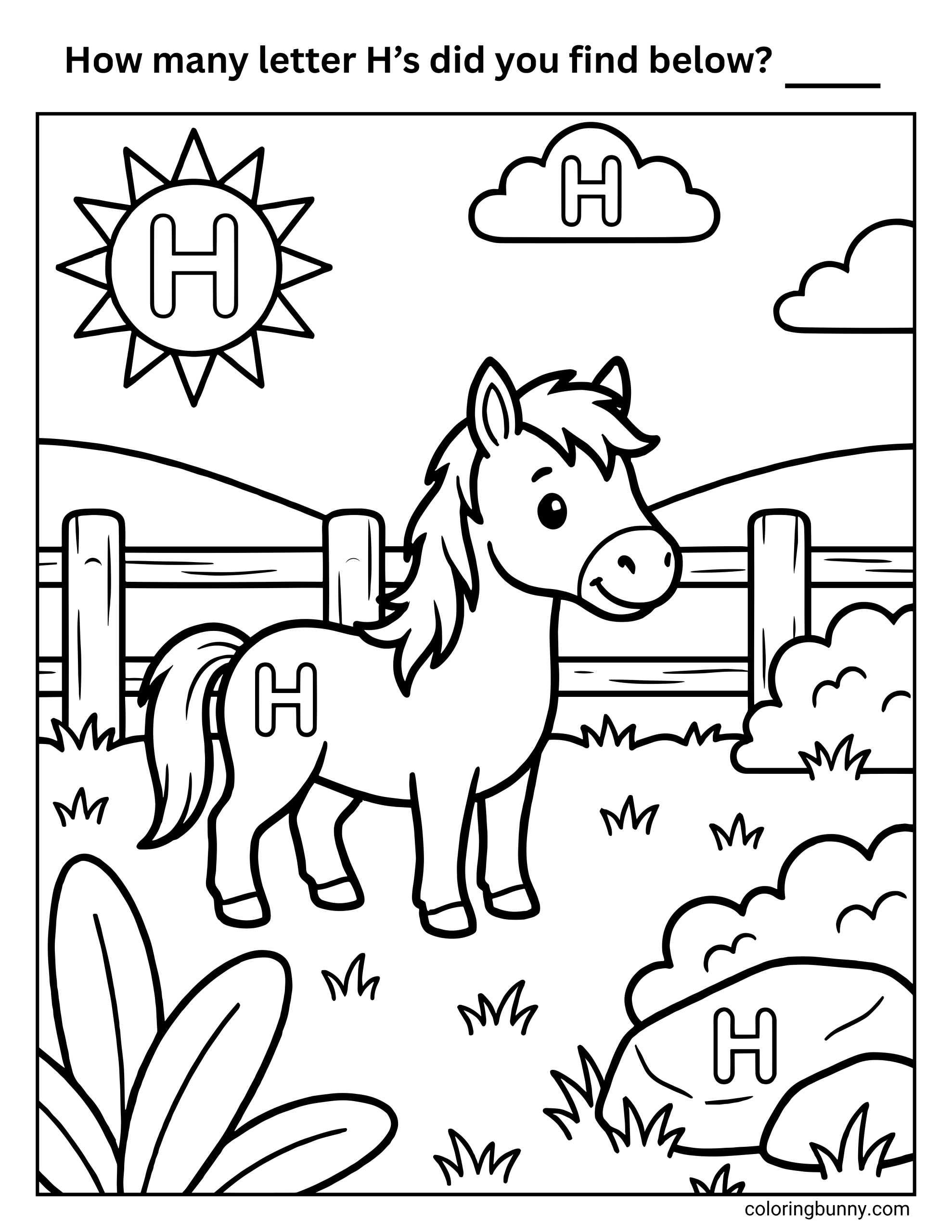 A Letter H find-the-letter coloring page featuring a friendly horse standing in a farm scene with hills, clouds, plants, and a fence. Four uppercase H letters are hidden throughout the illustration, including on the sun, cloud, the horse, and nearby rock.