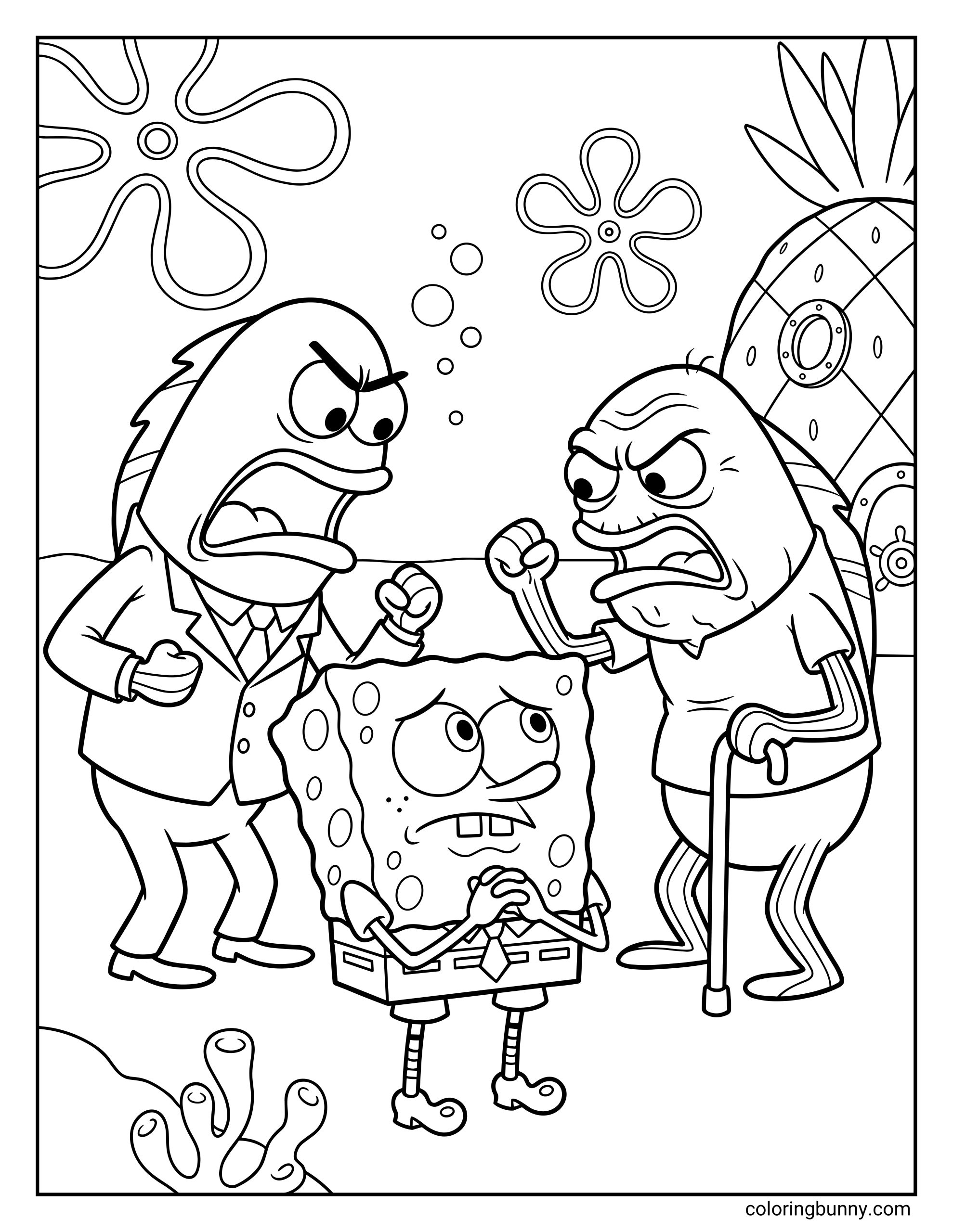 A coloring page of a worried SpongeBob standing between two angry fish characters who are yelling at him in front of the pineapple house.