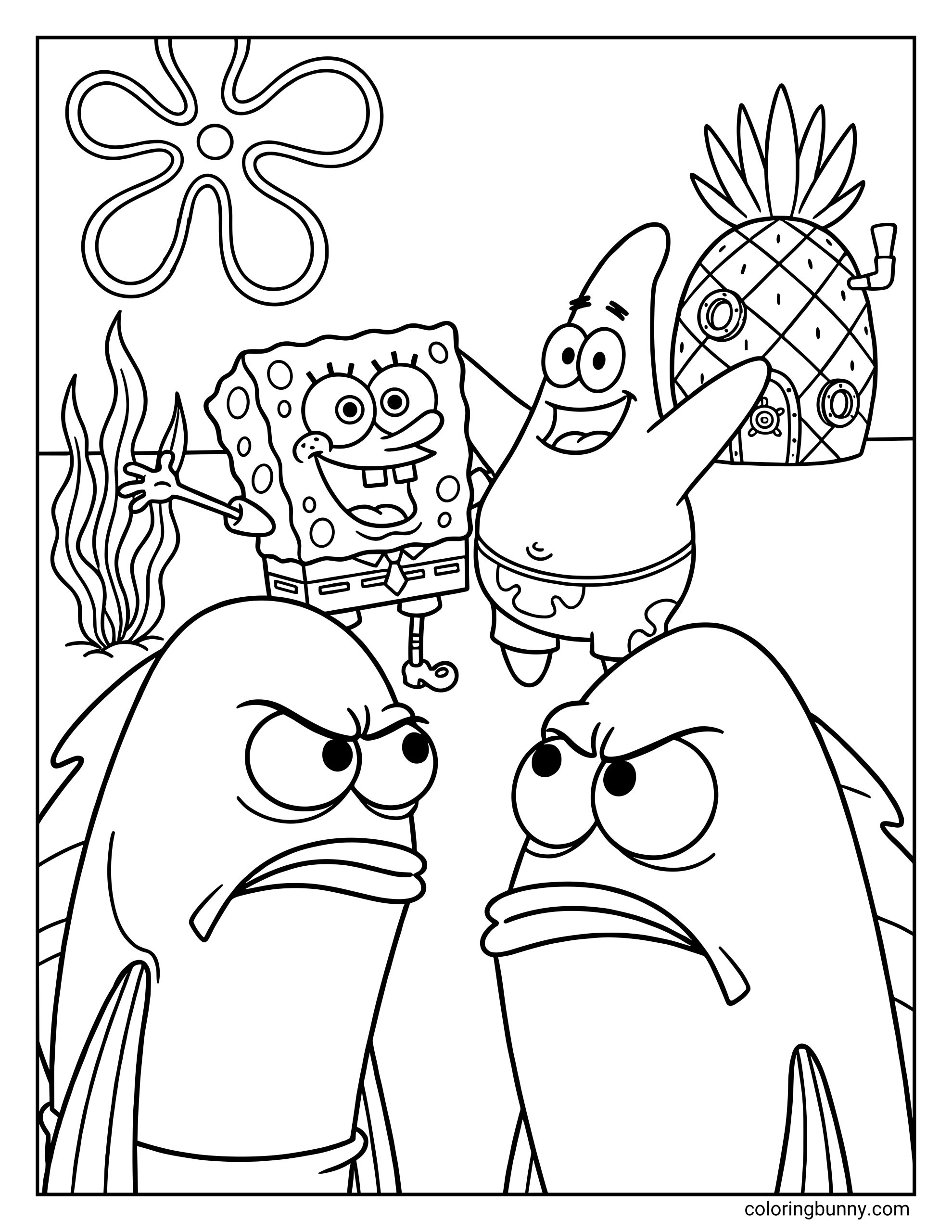A SpongeBob coloring page featuring two very angry fish characters in the foreground frowning, while a happy SpongeBob and Patrick wave from the background near the pineapple house.