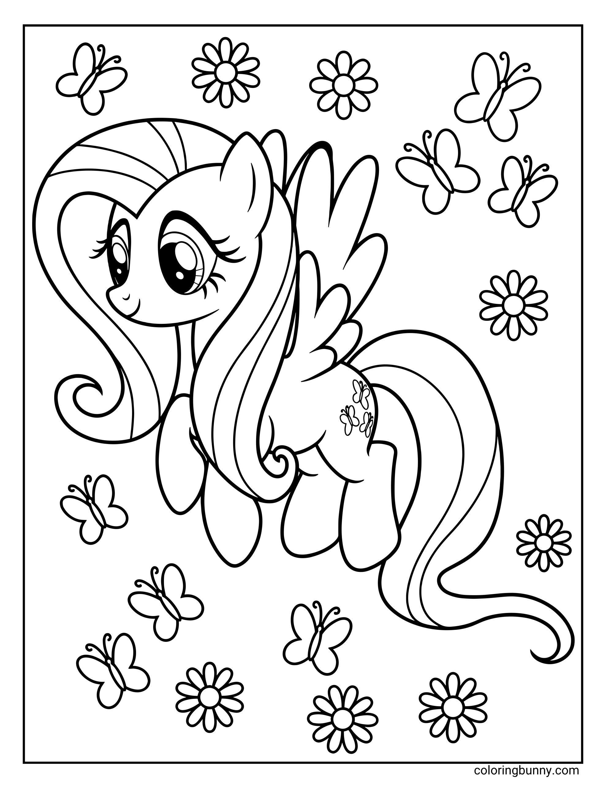 A My Little Pony coloring page of the pegasus pony Fluttershy flying gently among daisies and butterflies. Her cutie mark of three butterflies is visible on her flank.