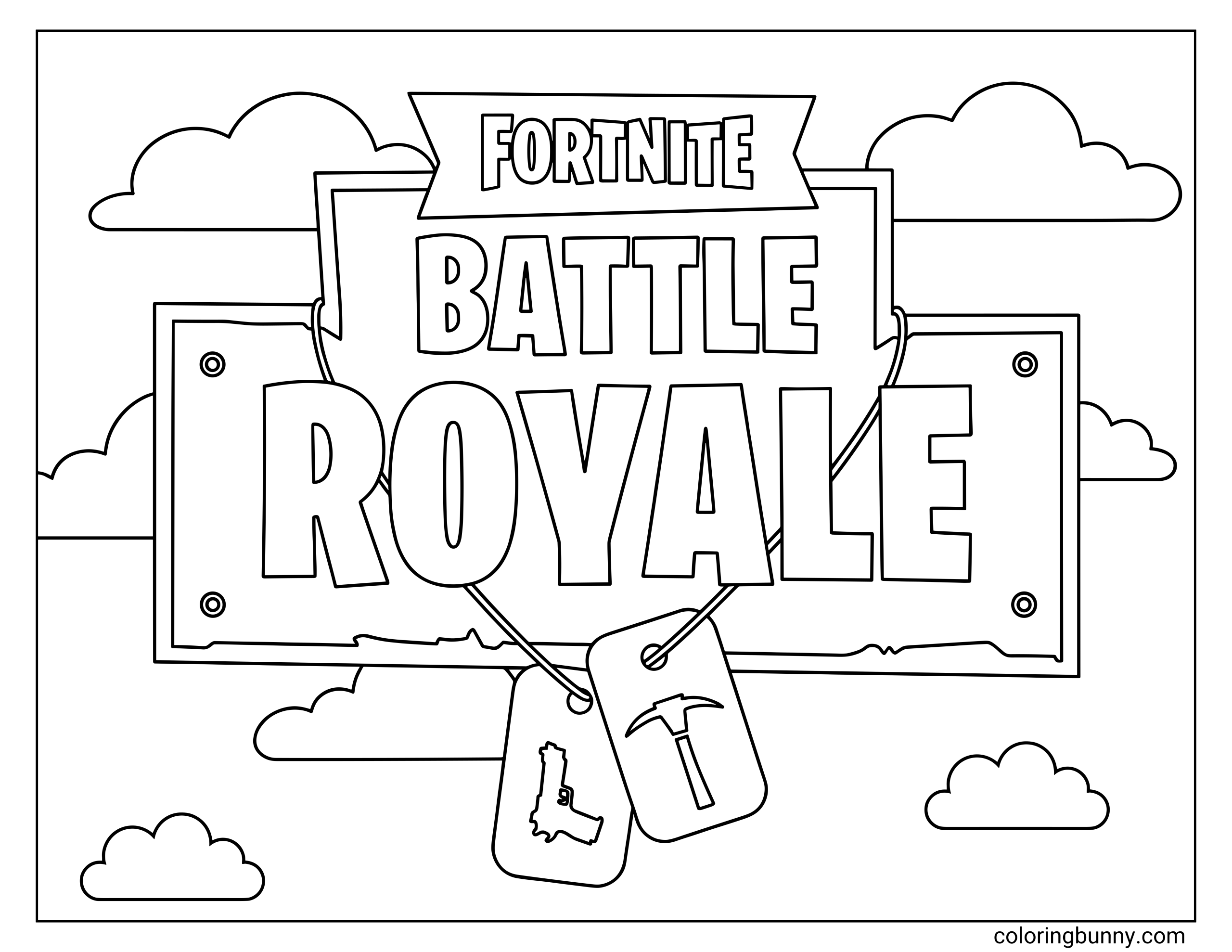 A coloring page of the official Fortnite Battle Royale logo badge with hanging dog tags featuring a pistol and pickaxe, set against a cloudy sky.