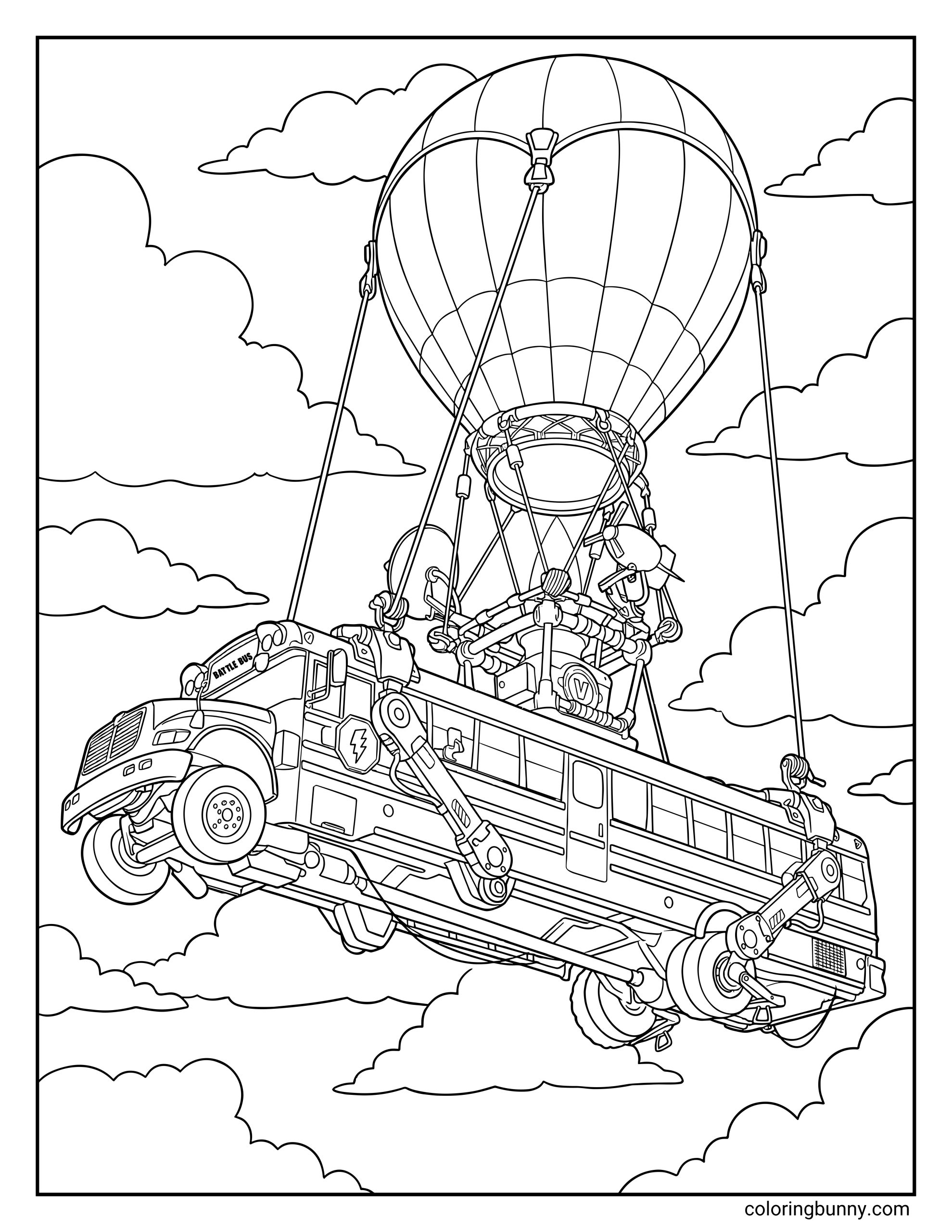 An adult coloring sheet of the Fortnite Battle Bus suspended by a large hot air balloon, flying through a cloudy sky.