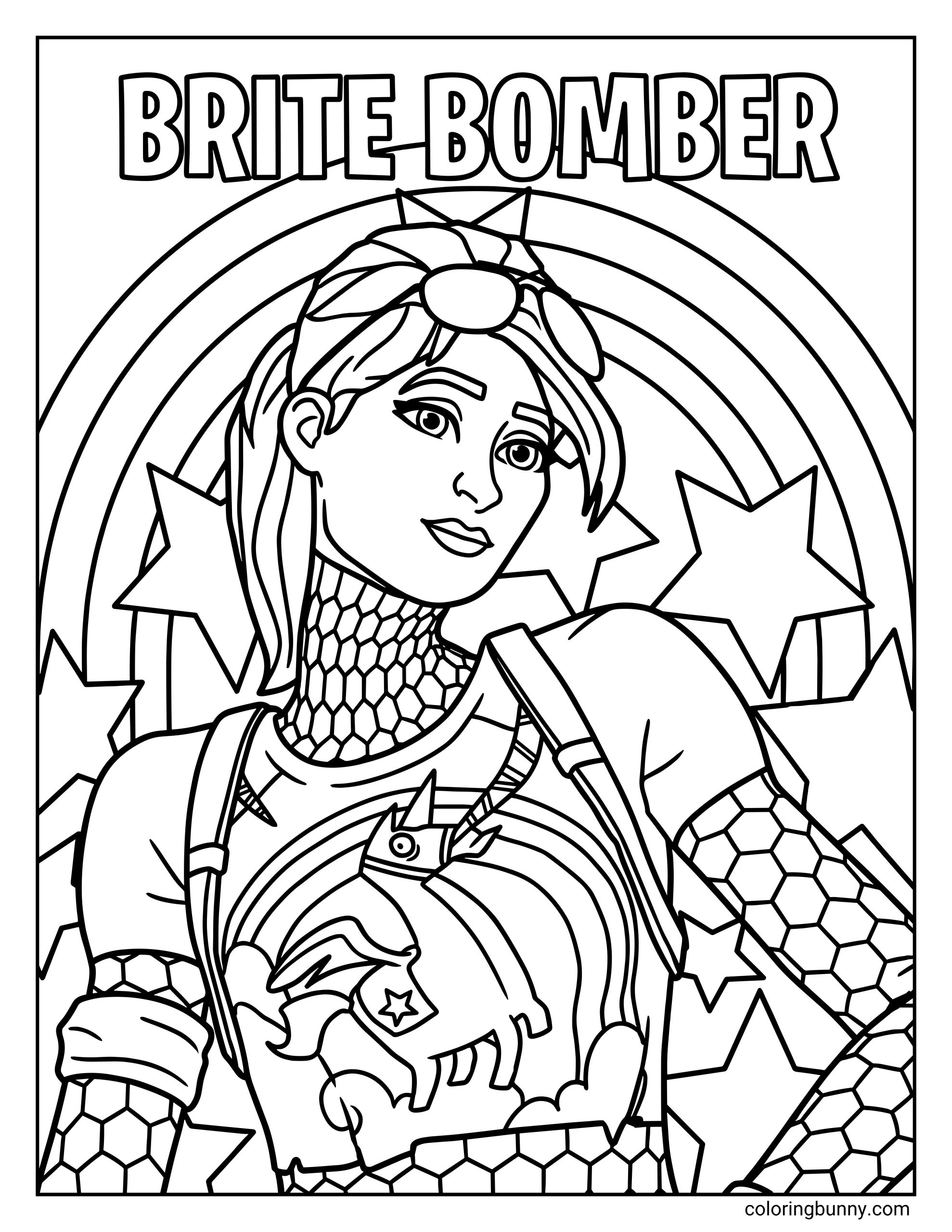 A Fortnite coloring page of Brite Bomber with sunglasses on her head, posing in front of a rainbow and stars.