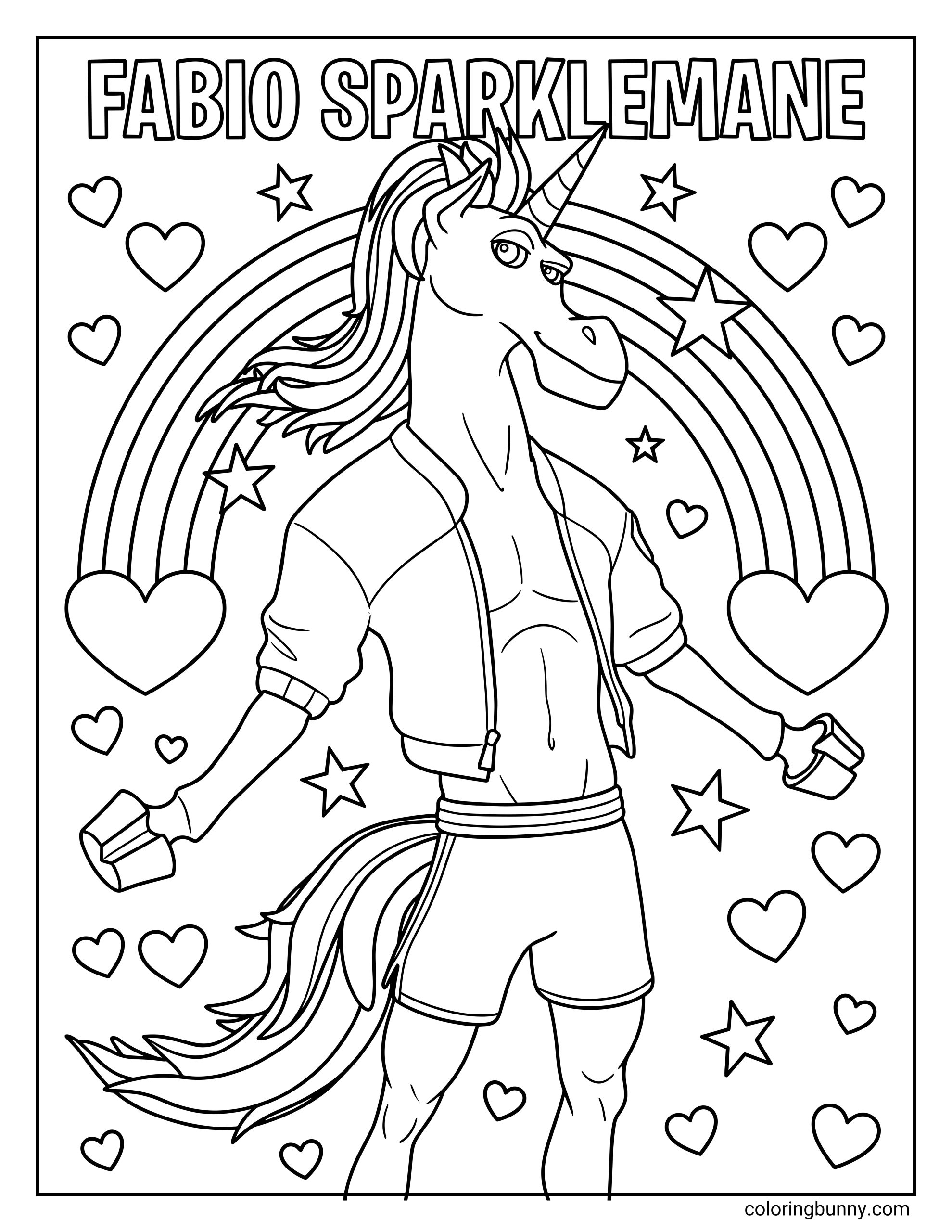 A Fortnite coloring sheet of the muscular unicorn Fabio Sparklemane posing in front of a large rainbow, surrounded by hearts and stars.
