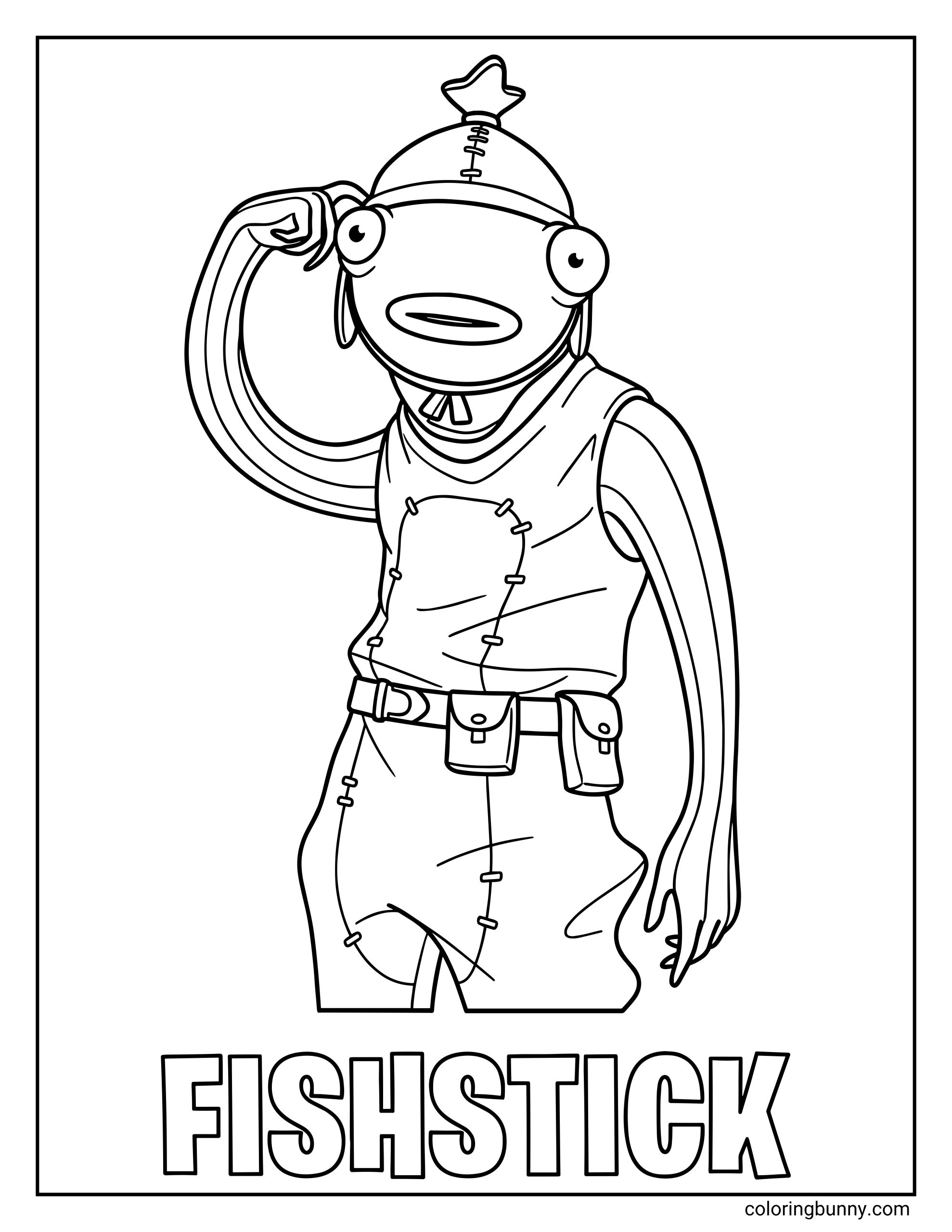 A coloring page of the Fortnite character Fishstick looking confused and scratching his head, with the text "FISHSTICK" at the bottom.