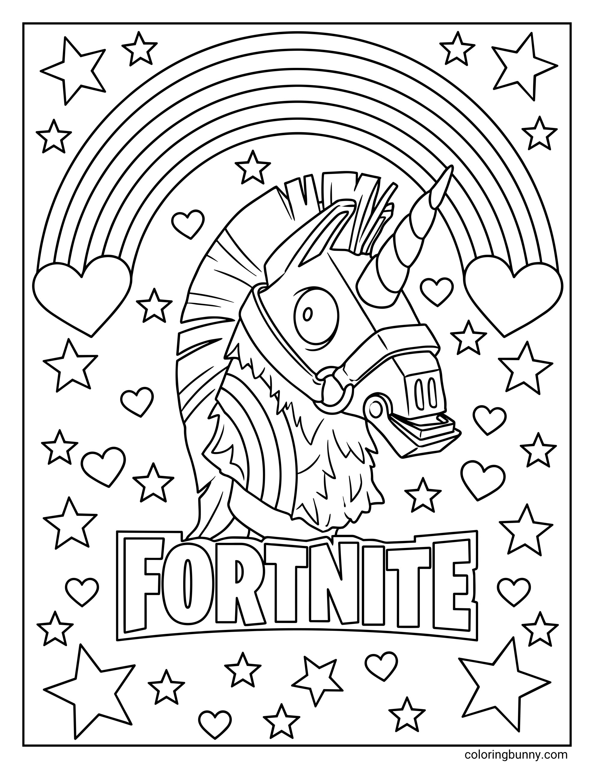 A Fortnite coloring sheet featuring a Loot Llama with a unicorn horn, surrounded by a rainbow, stars, and hearts above the Fortnite logo.
