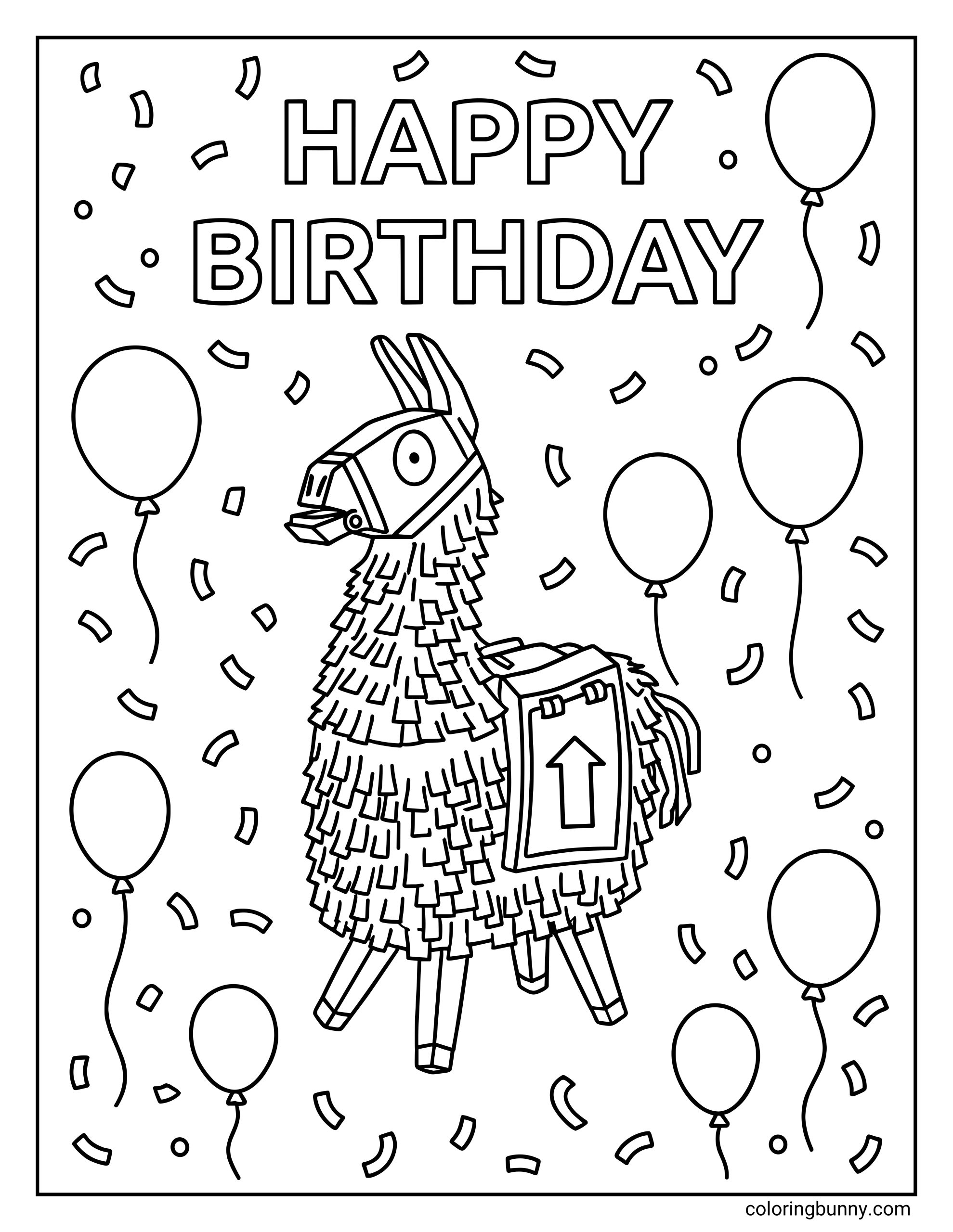 A coloring page of the Fortnite Loot Llama surrounded by balloons and confetti, under the text "HAPPY BIRTHDAY."