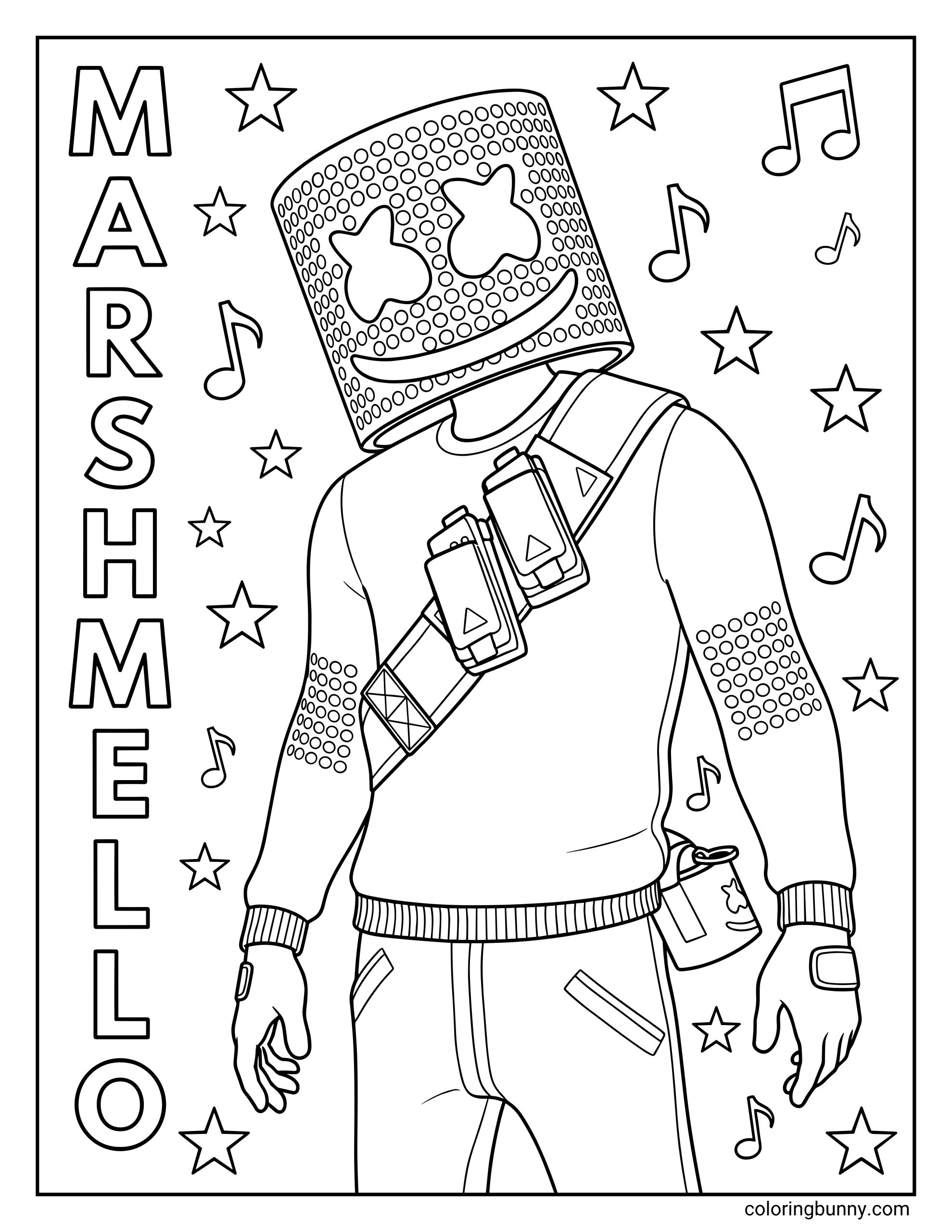 A coloring page of the famous DJ Fortnite character Marshmello wearing his signature helmet and tactical gear, surrounded by floating stars and music notes.